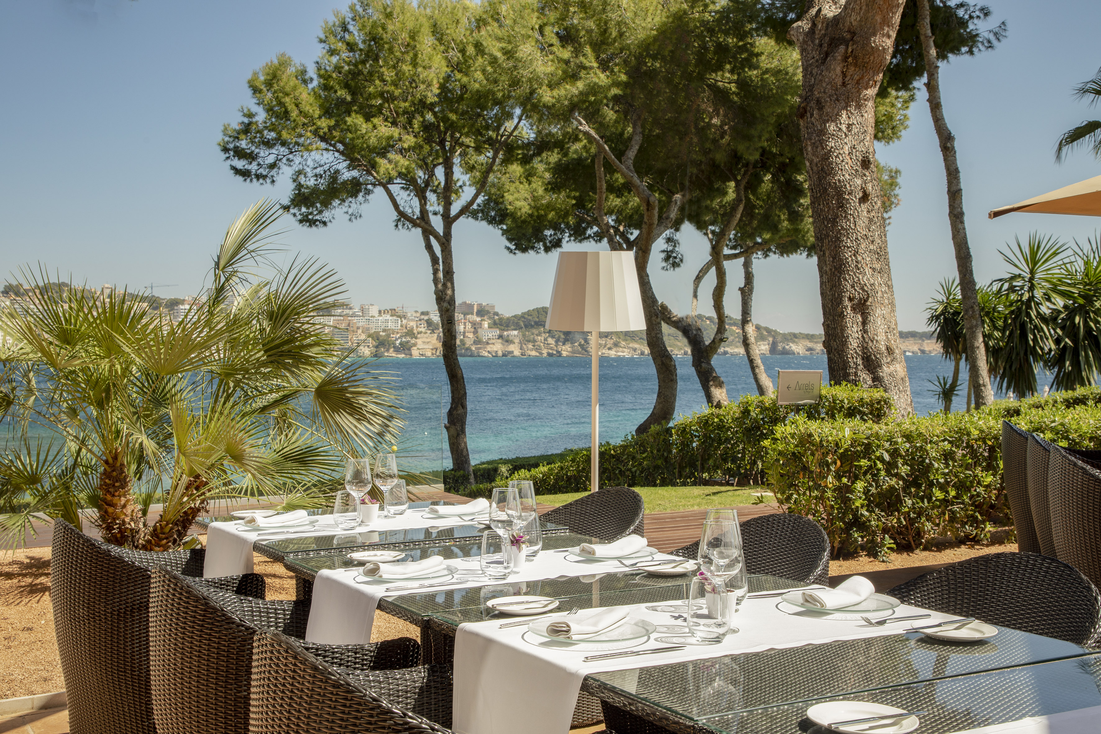 a table set up for a meal outside with trees and water in the background