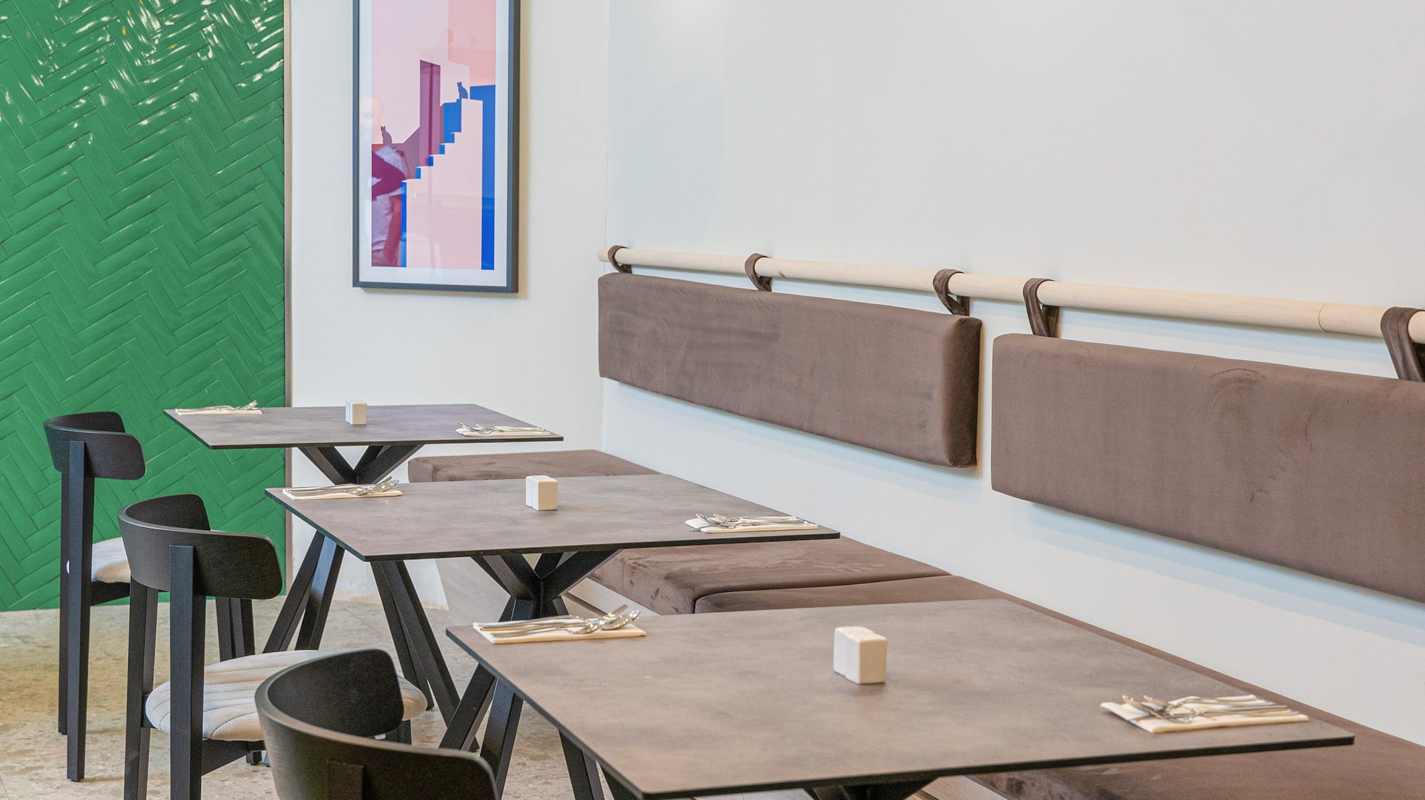 a table and chairs in a restaurant