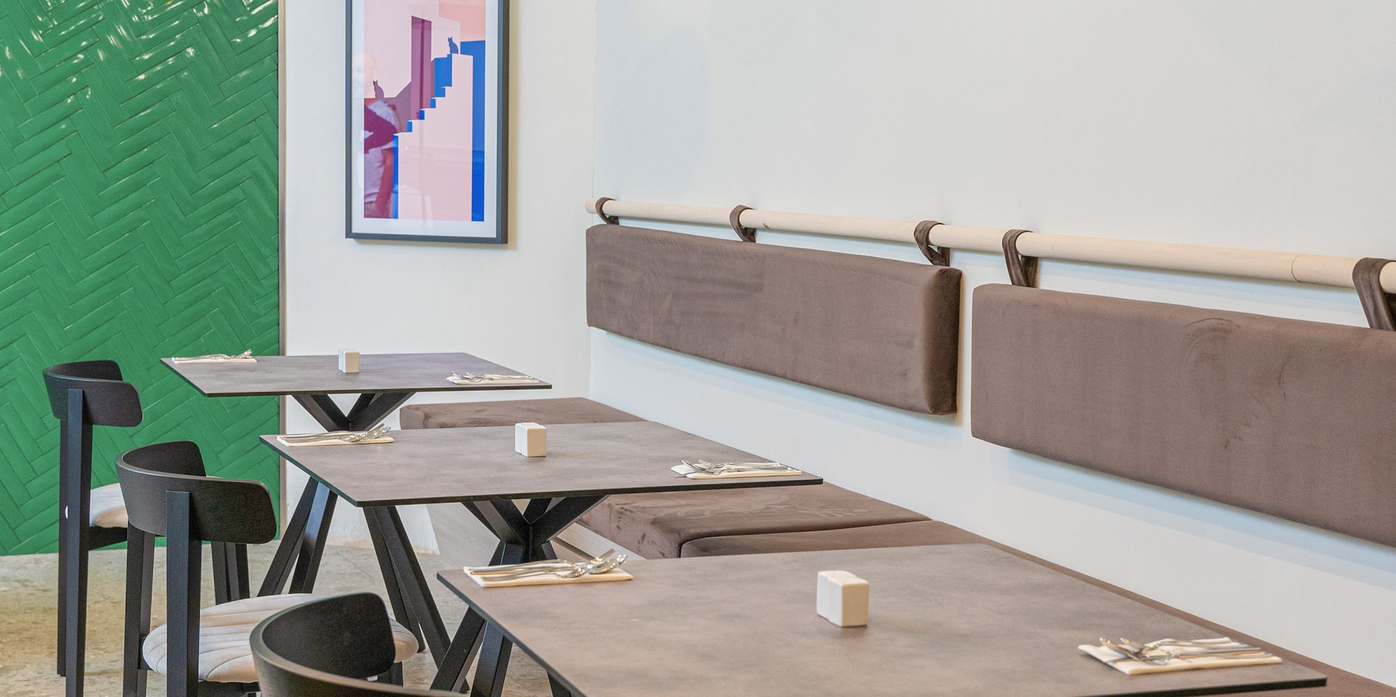 a table and chairs in a restaurant