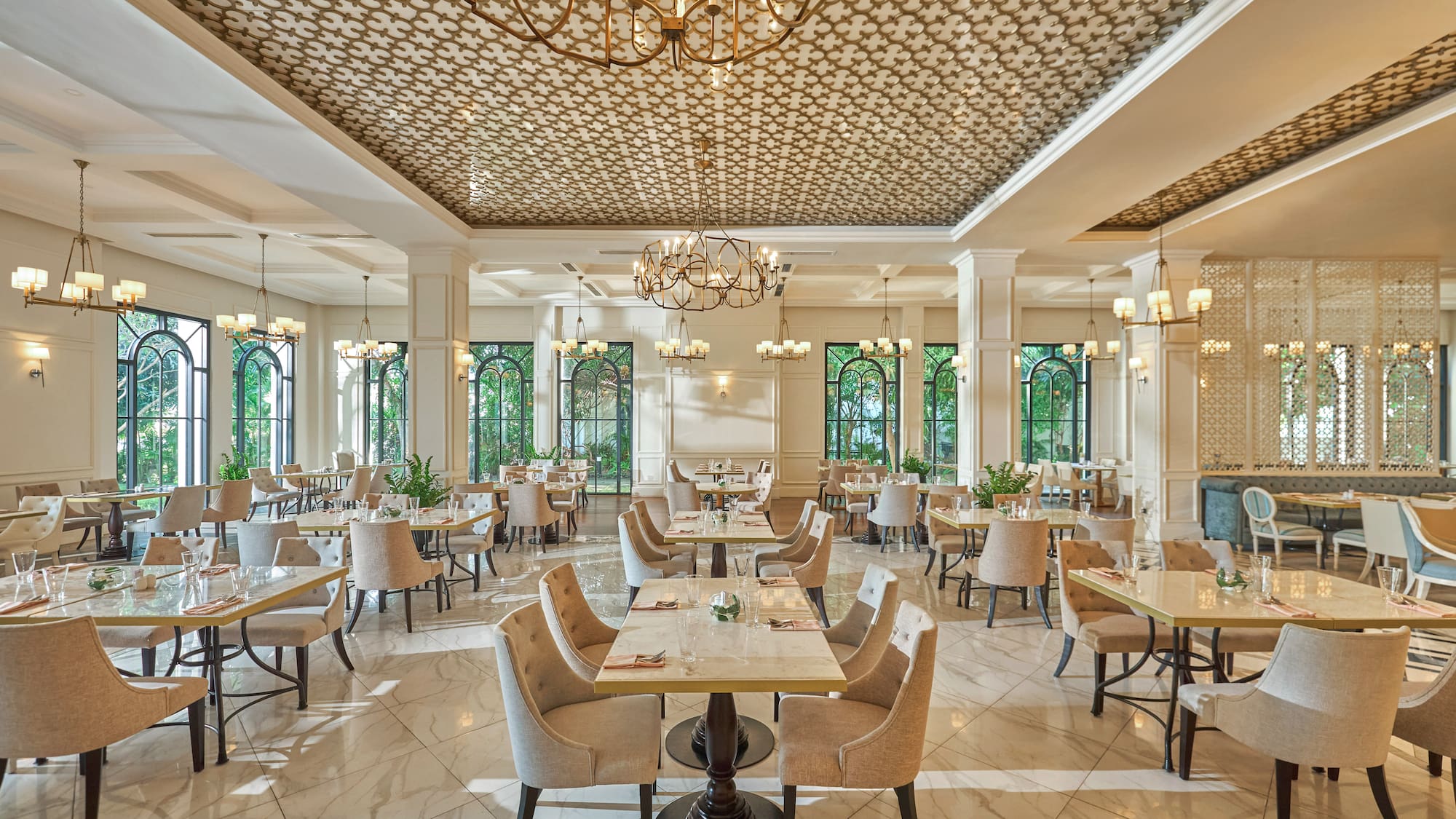 a room with tables and chairs