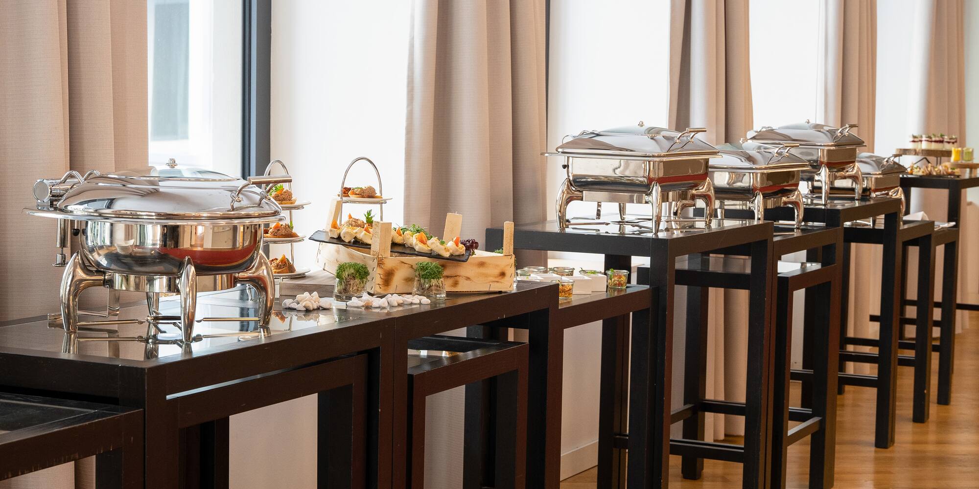 a buffet table with food on it