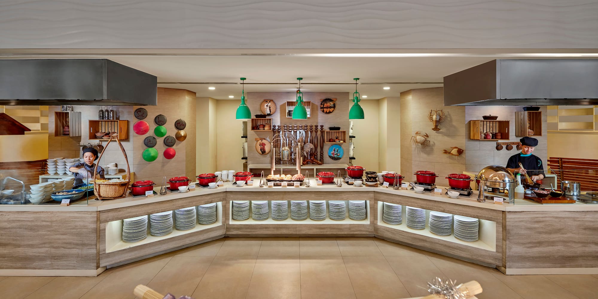 a kitchen with many pots and pans