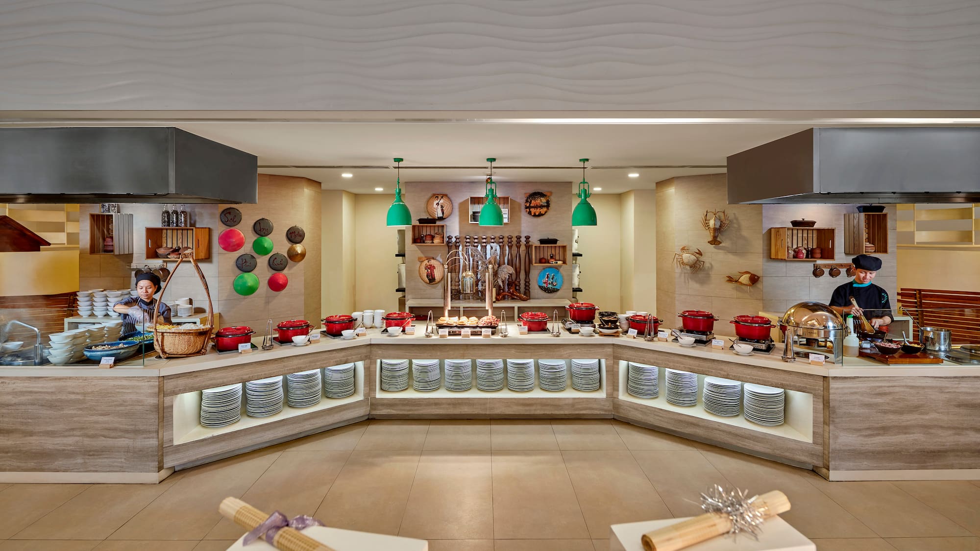 a kitchen with many pots and pans