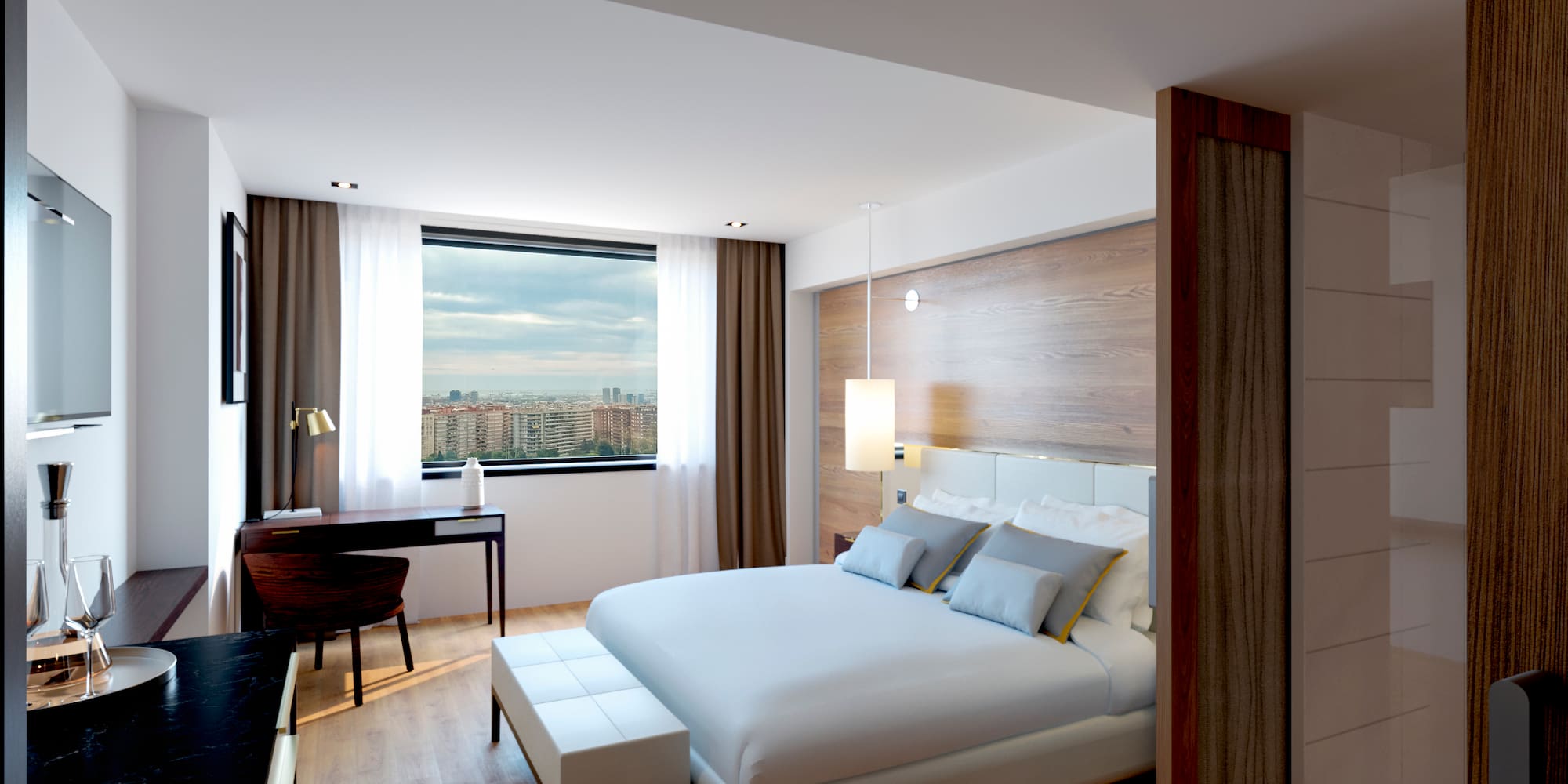 a bedroom with a desk and a bed