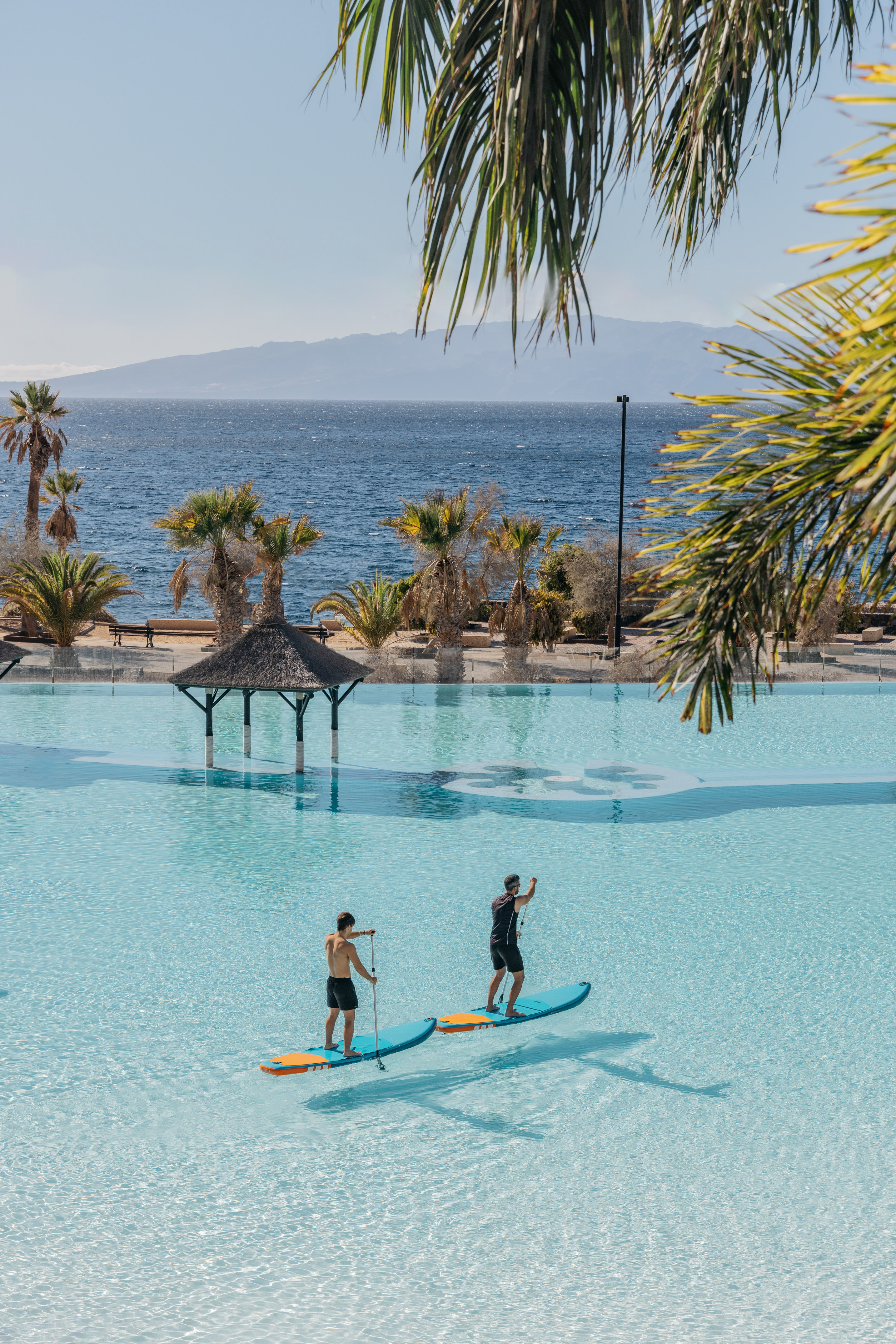 Two men stand-up paddleboarding in tropical lagoon with ocean and palm trees.
