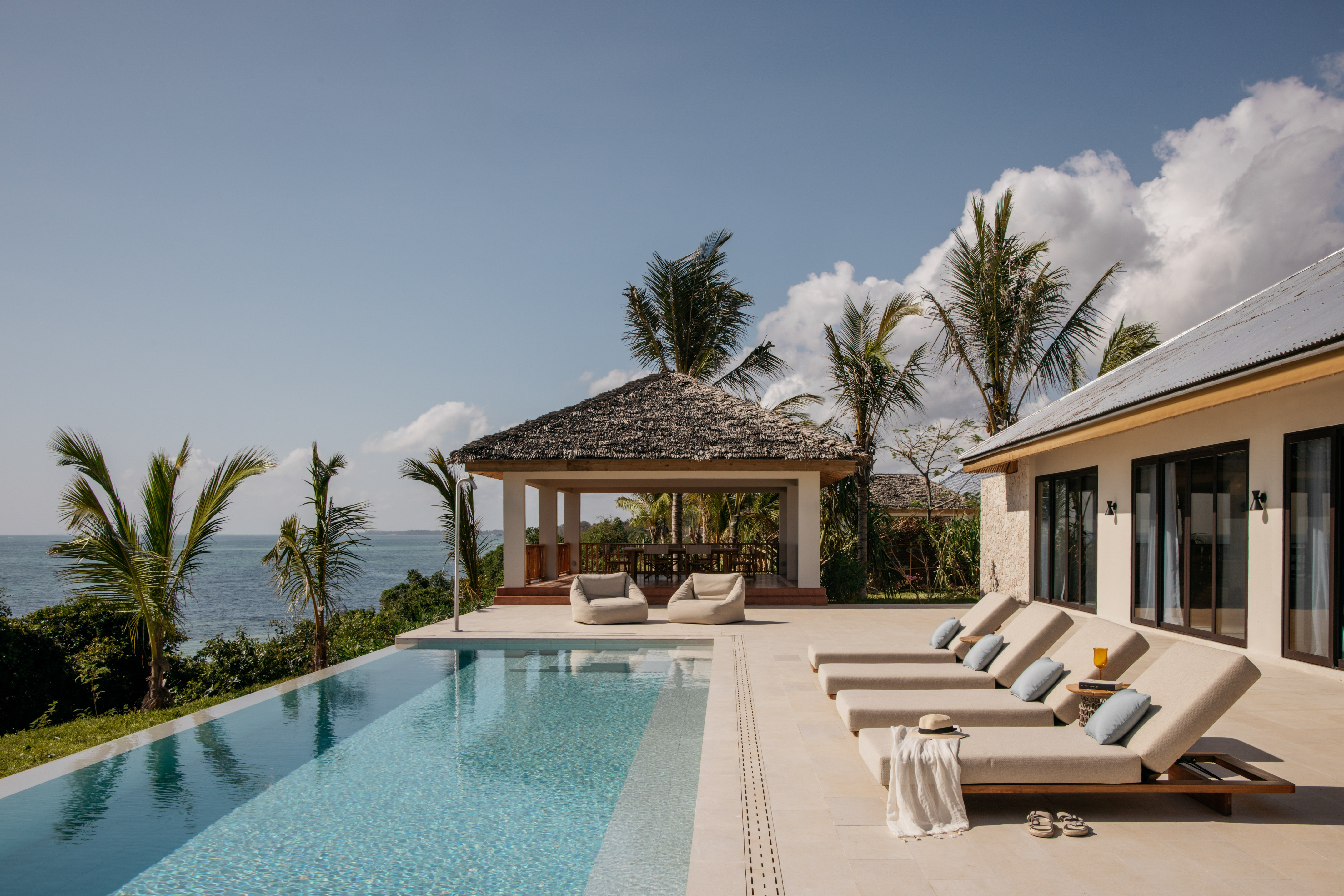 Luxury tropical villa with infinity pool, ocean view, palm trees, and gazebo.