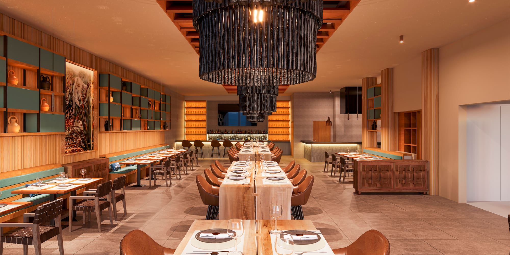 a large room with tables and chairs