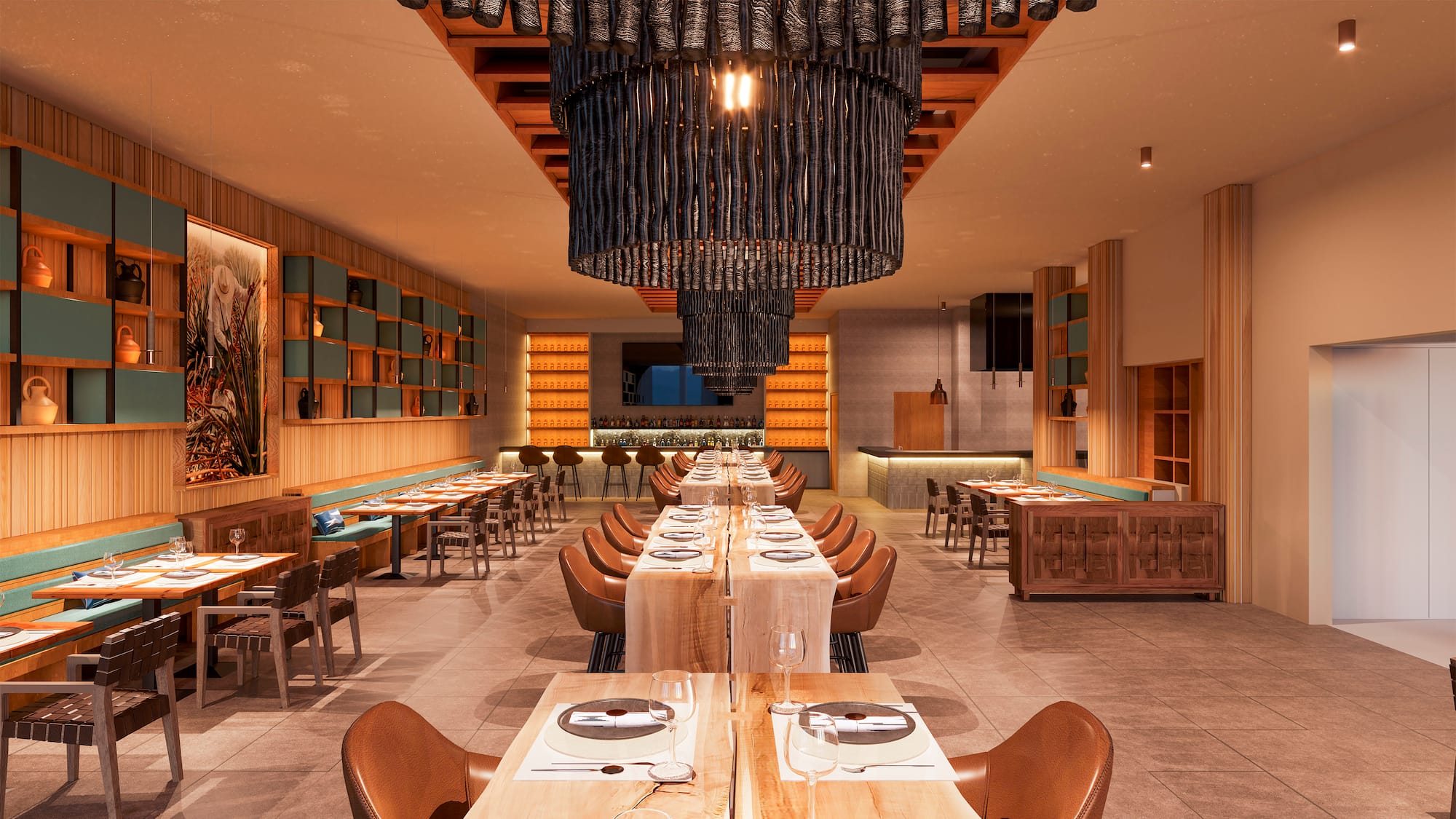 a large room with tables and chairs