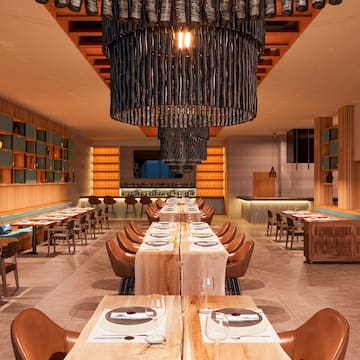 a large room with tables and chairs