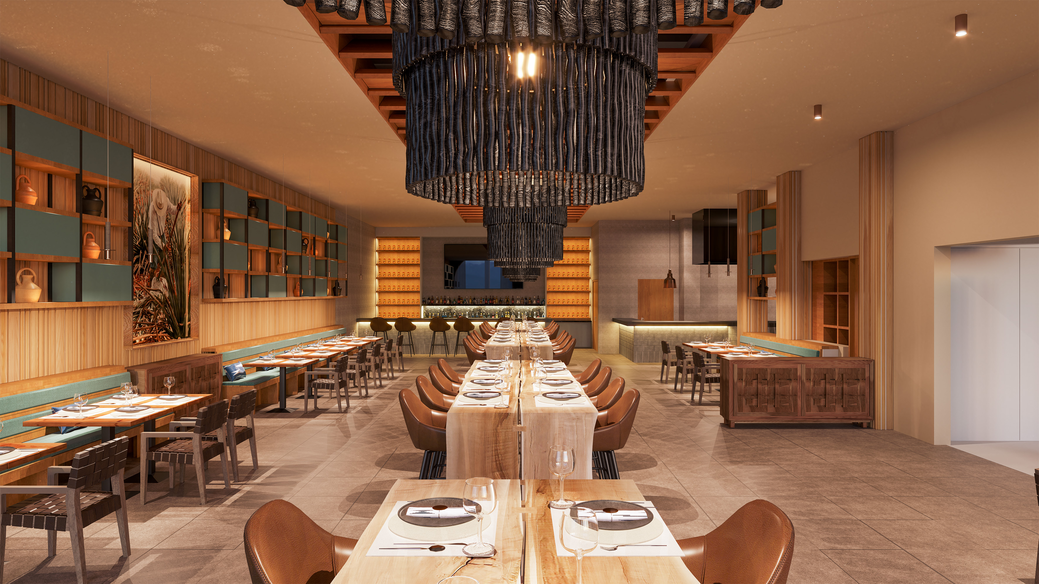 Modern restaurant dining room with long tables, striking chandelier, and bar.