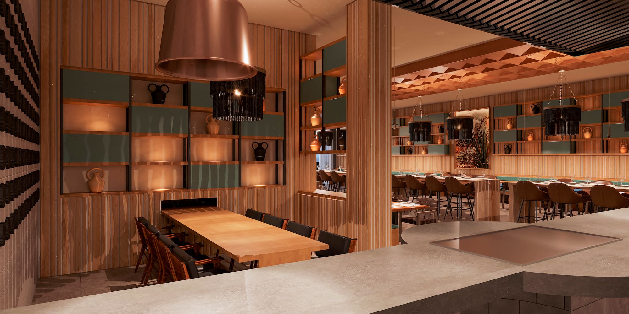 a room with a table and chairs