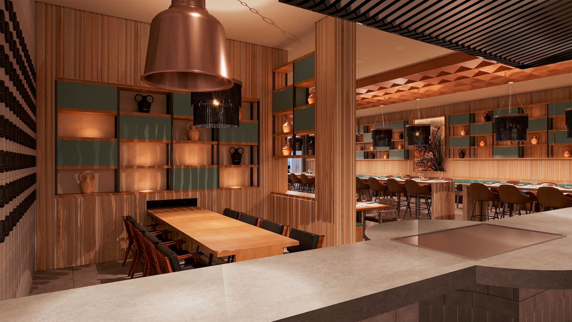 a room with a table and chairs