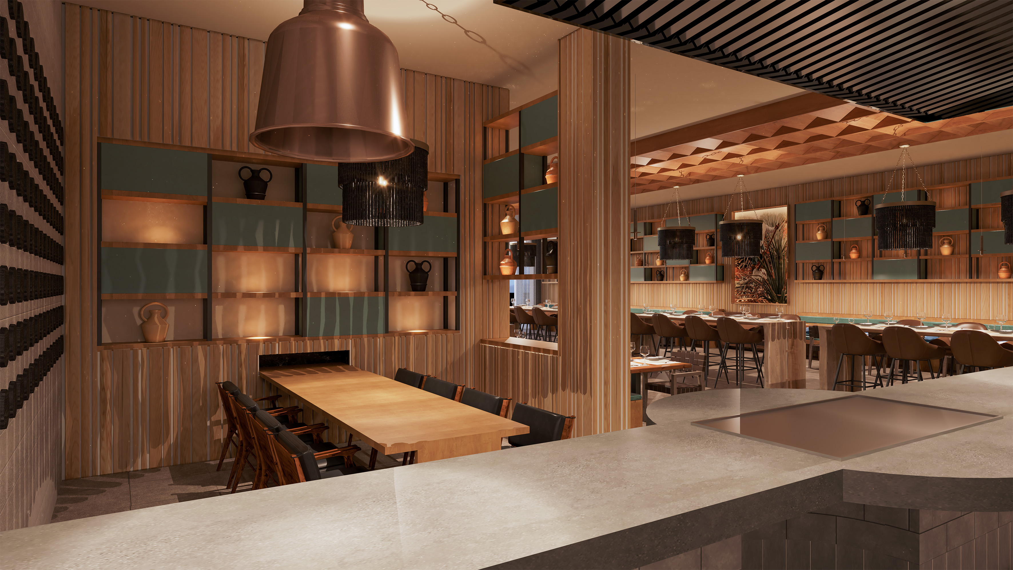 Modern restaurant interior design with wood and copper accents.