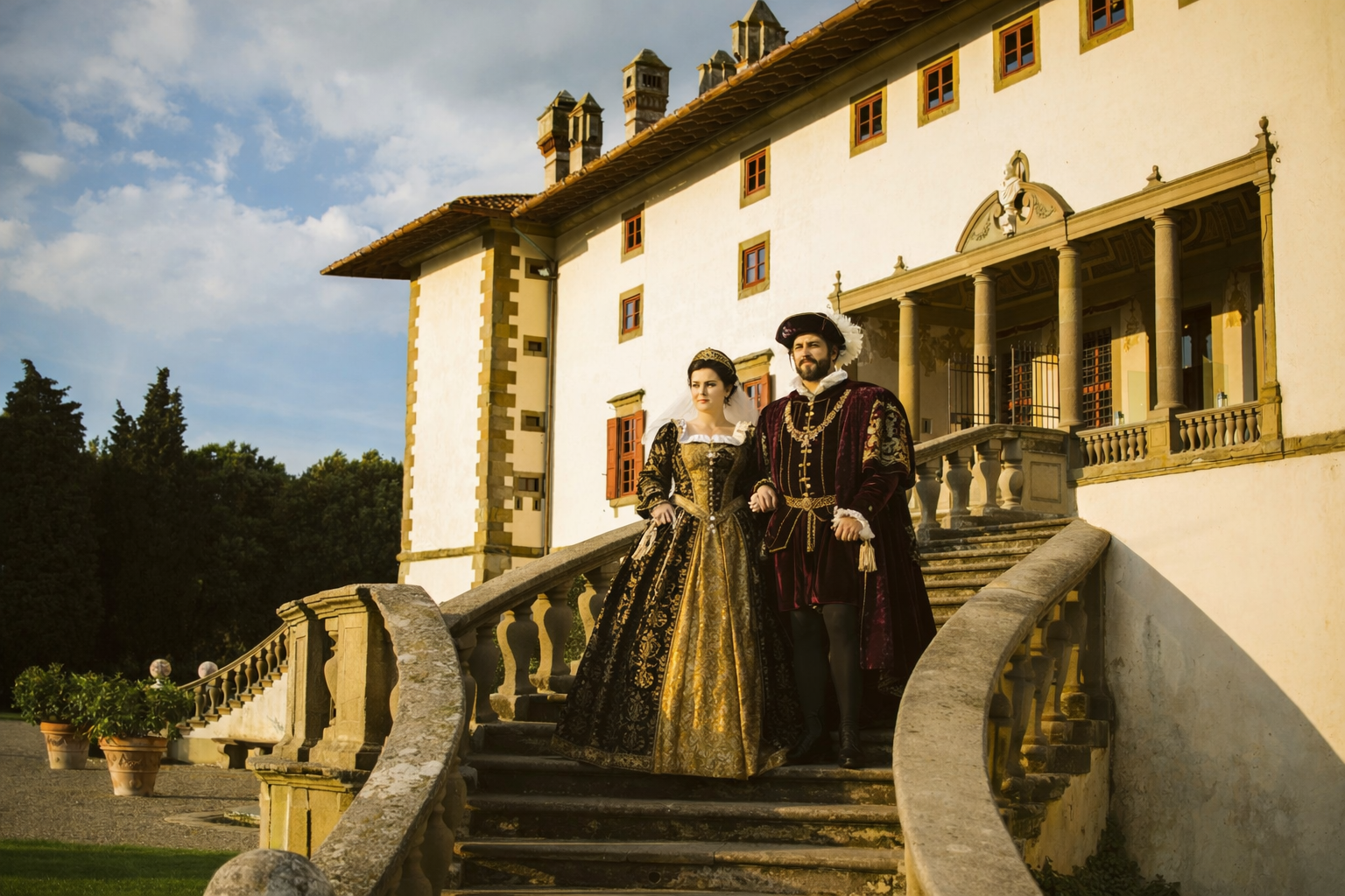 Renaissance couple in period costumes on grand stone stairs of a historic villa.