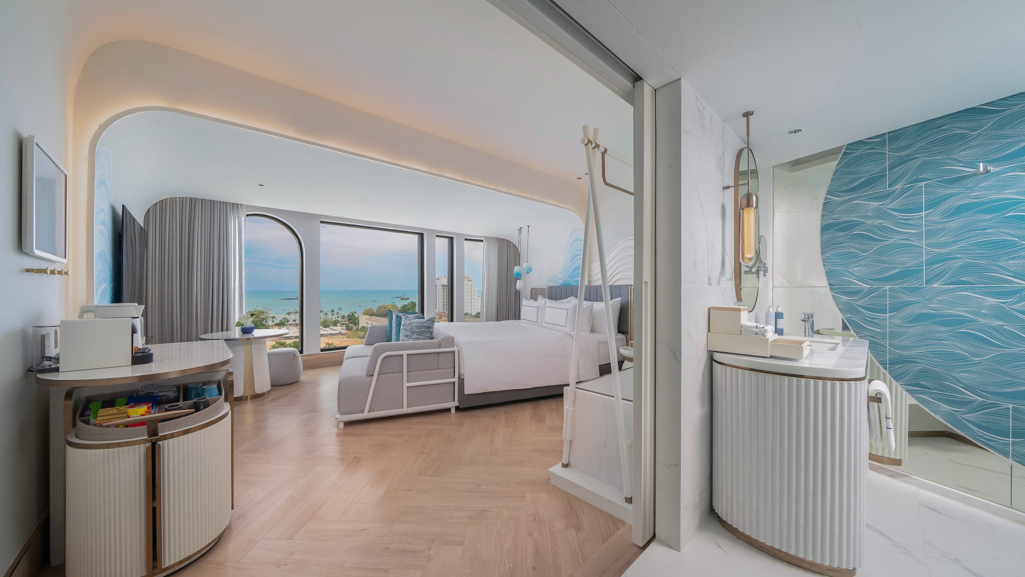 a room with a bed and a mirror