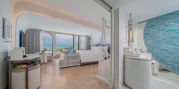 a room with a bed and a mirror