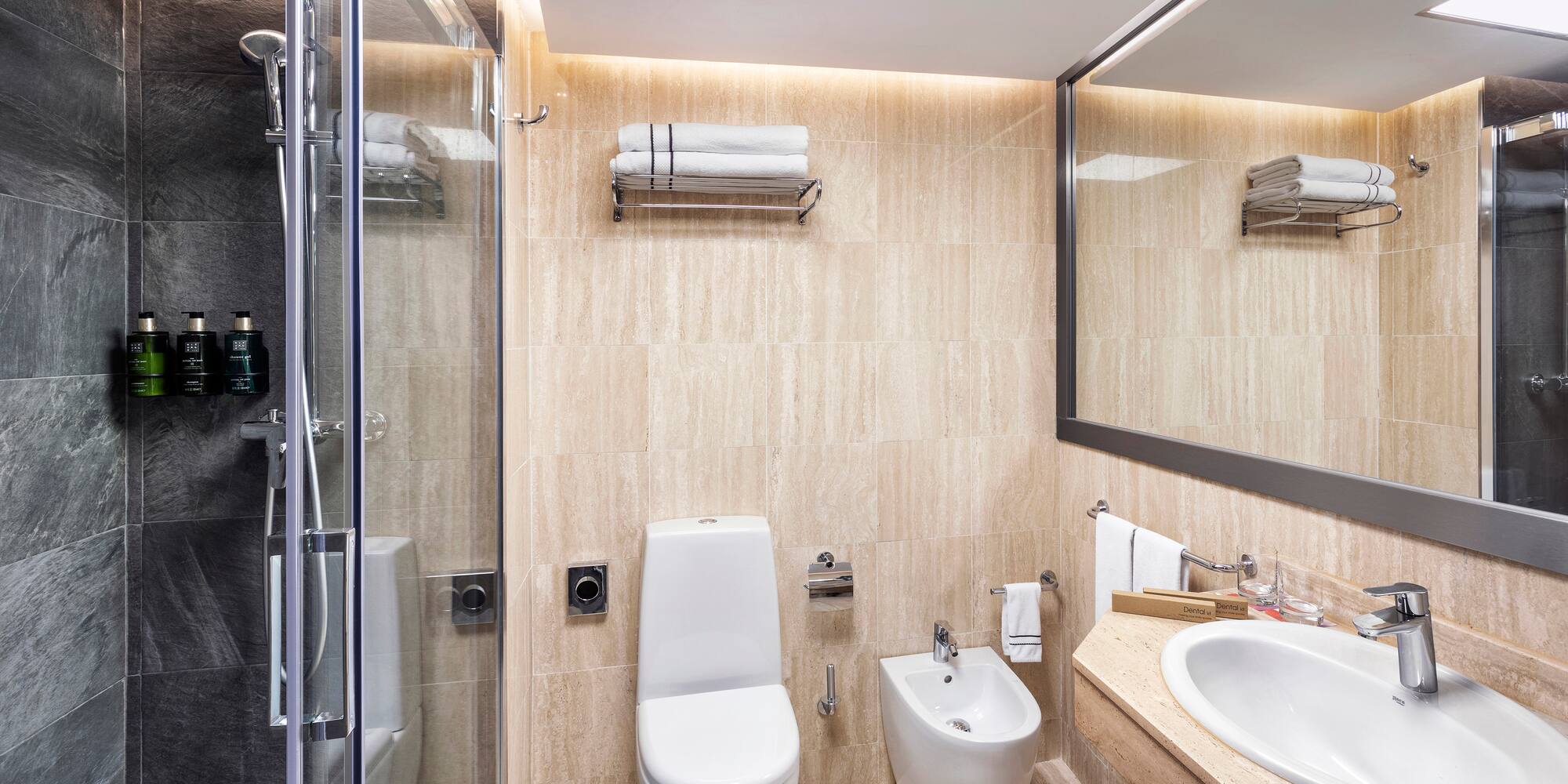 a bathroom with a shower and toilet