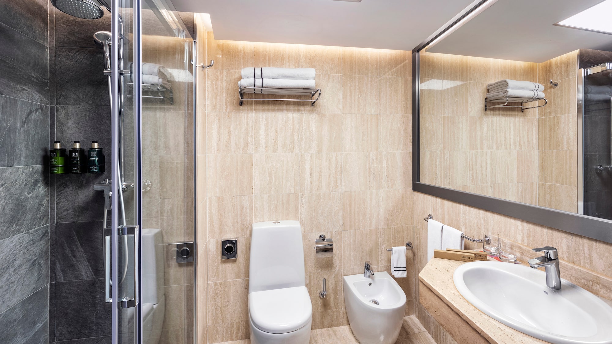 a bathroom with a shower and toilet