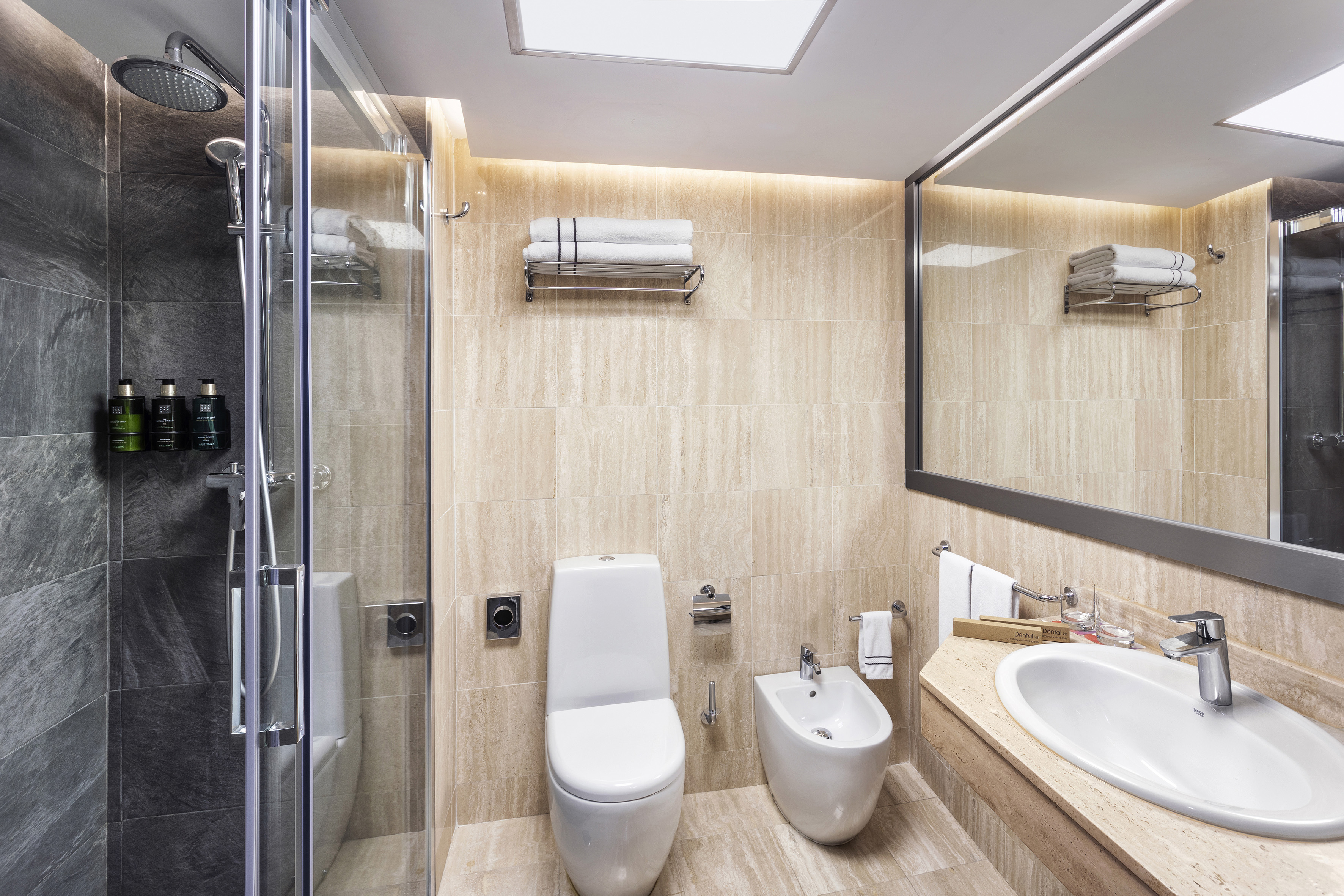 Modern hotel bathroom with walk-in shower, toilet, bidet, and vanity.
