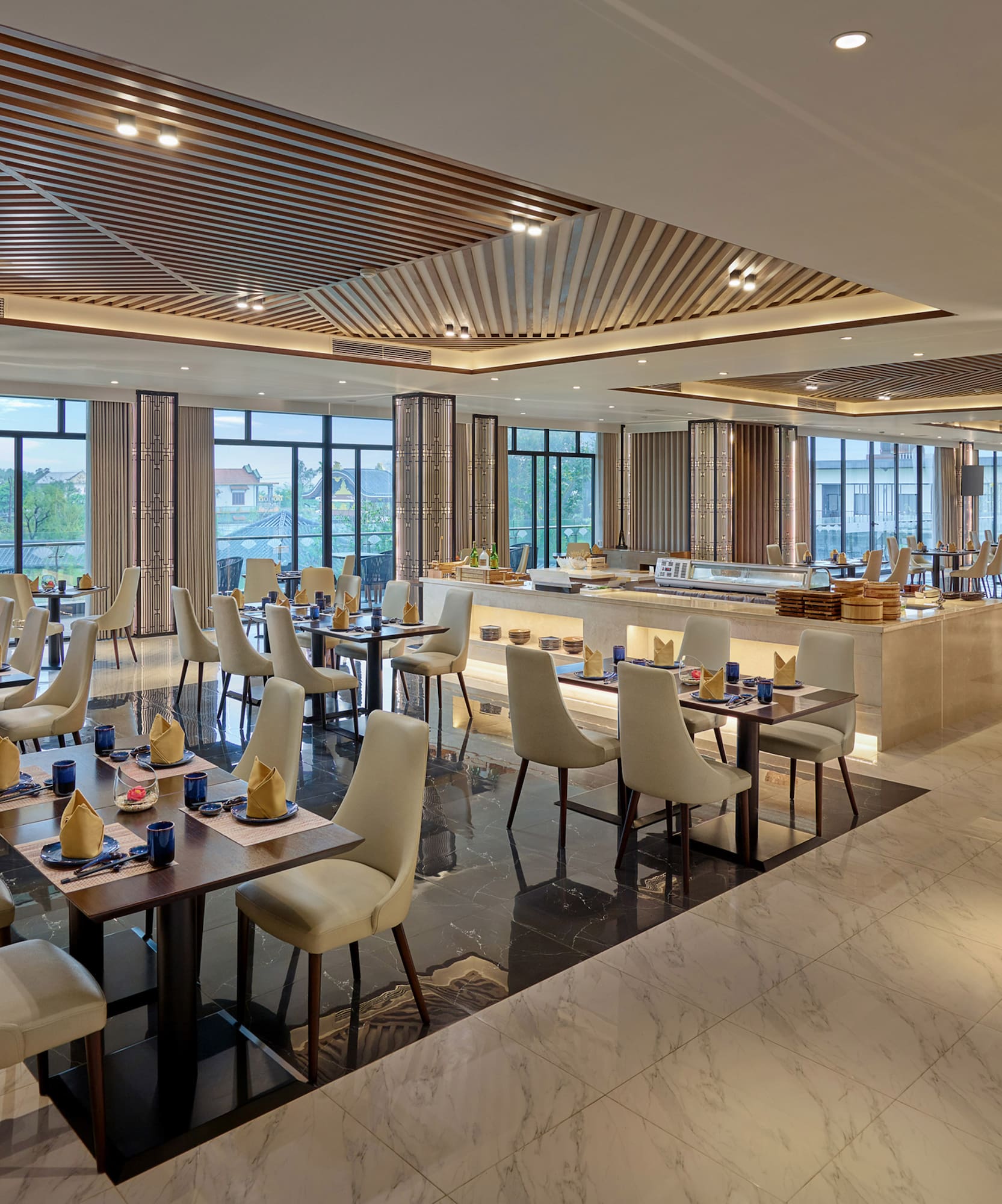 a room with tables and chairs