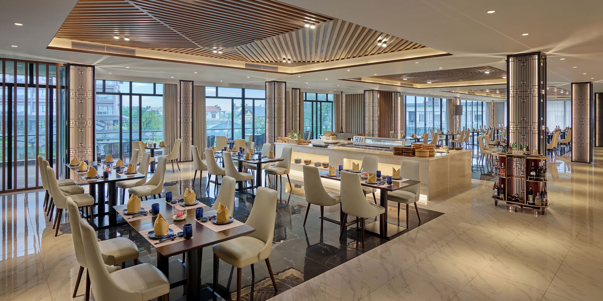 a room with tables and chairs