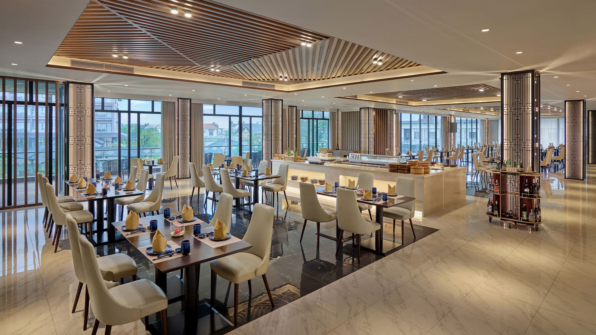 a room with tables and chairs