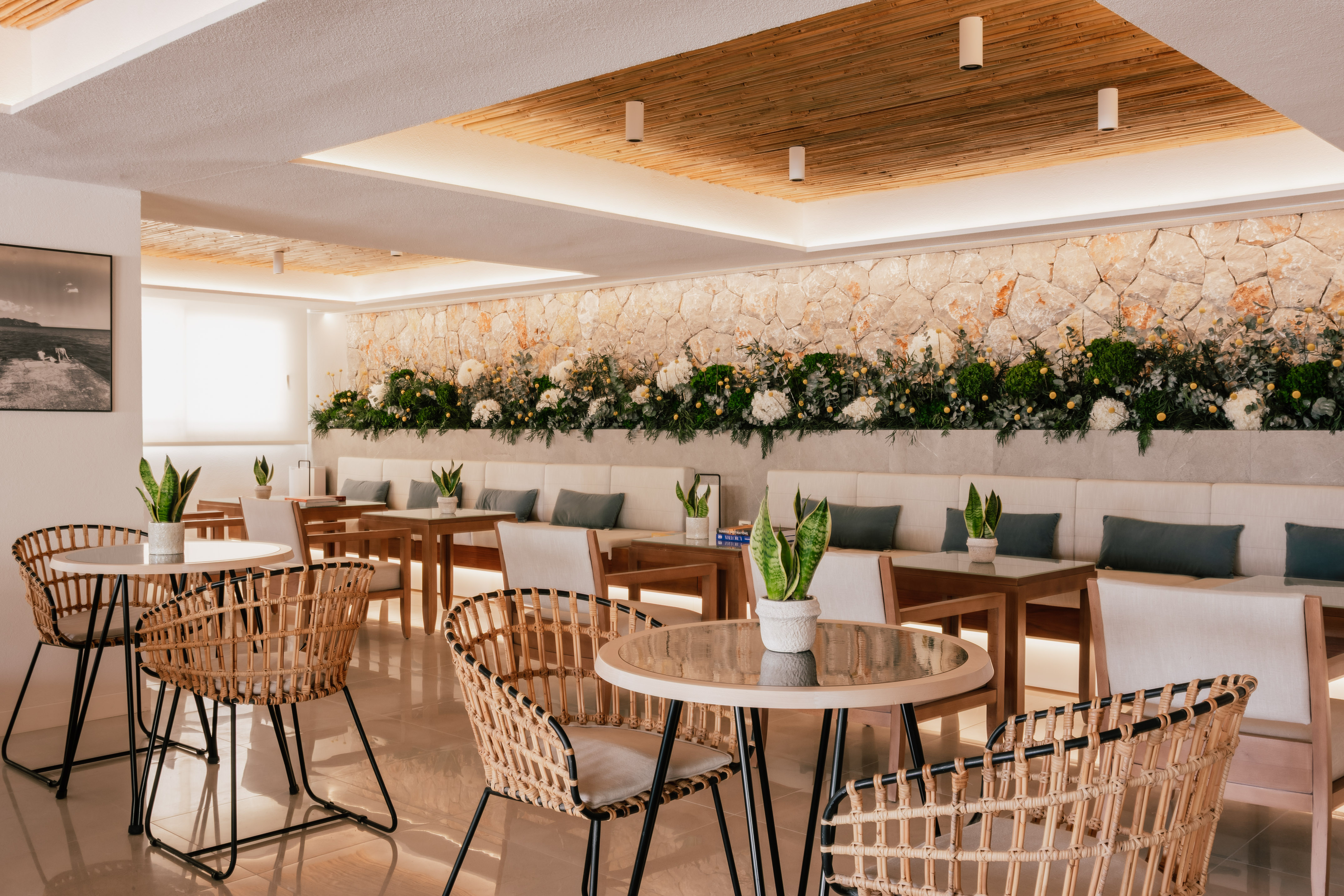 Modern cafe interior with wicker chairs, stone wall, and lush greenery.