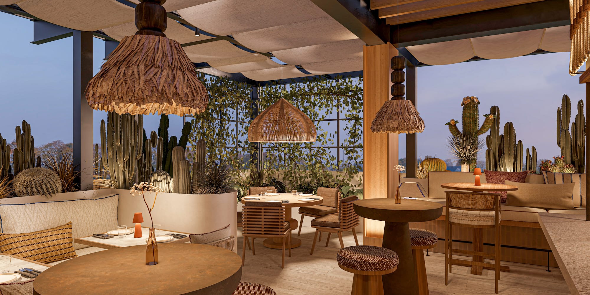 Bohemian rooftop bar with cacti, natural wood tables, and woven lighting.