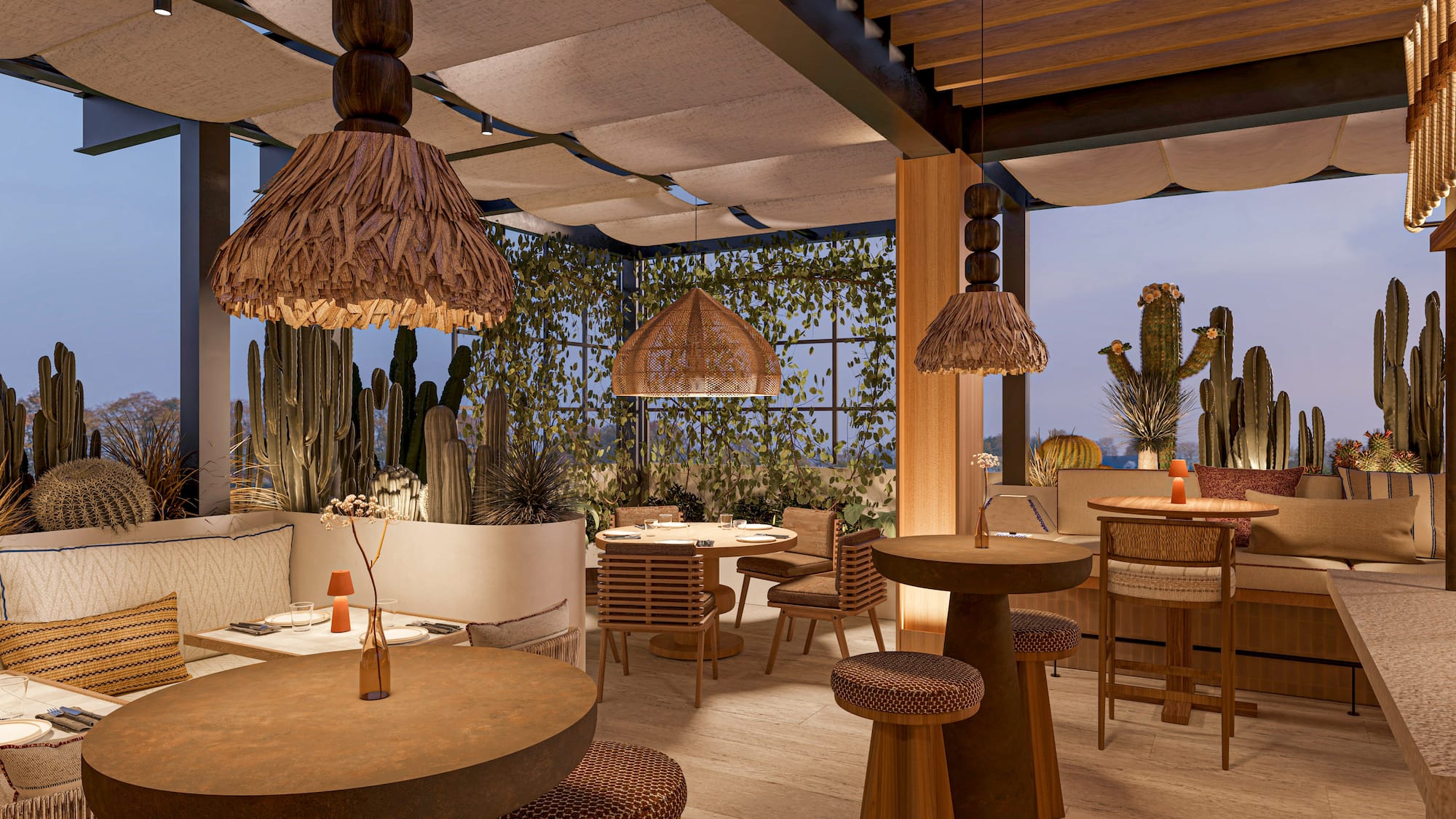 Bohemian rooftop bar with cacti, natural wood tables, and woven lighting.