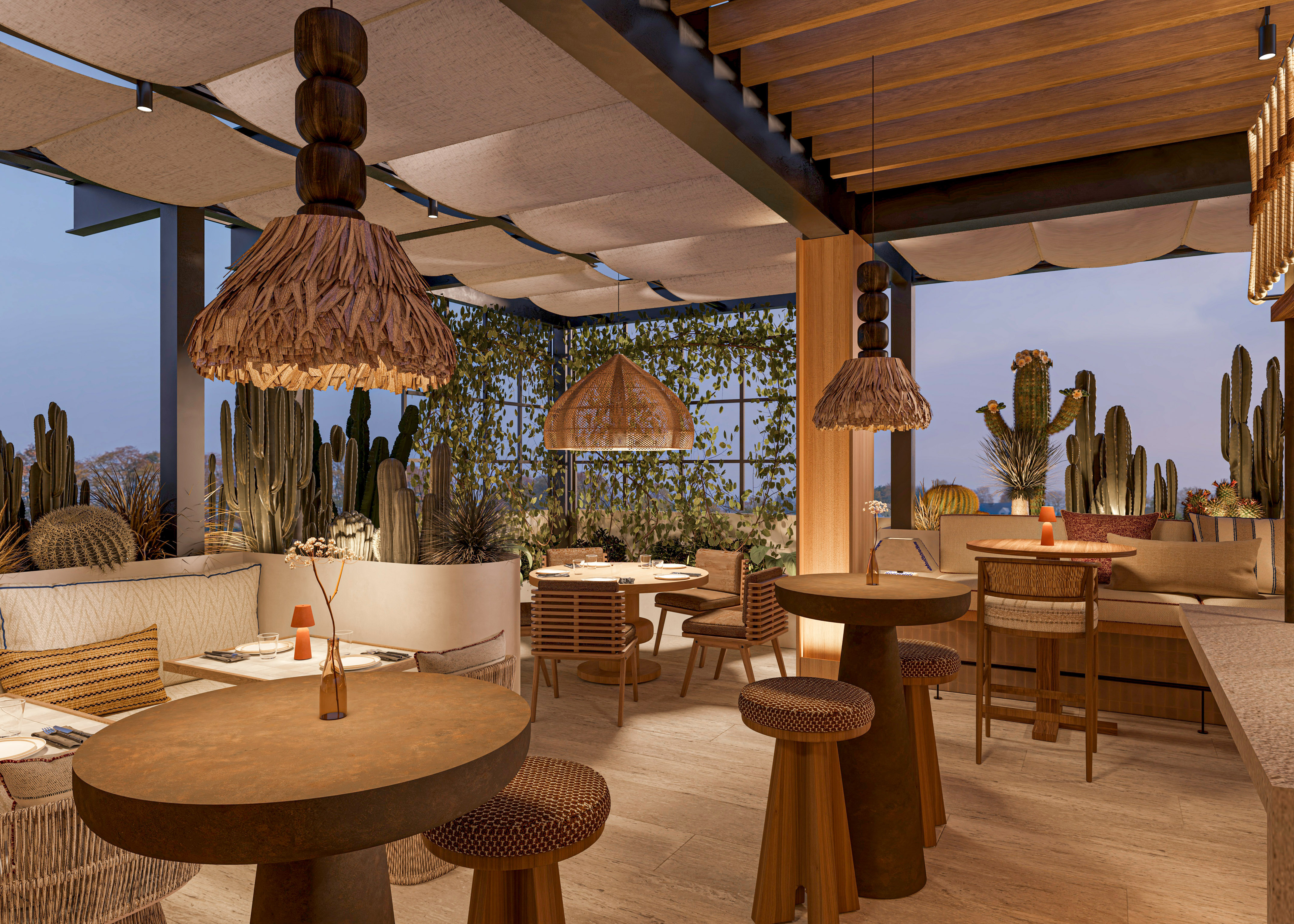 Bohemian rooftop bar with cacti, natural wood tables, and woven lighting.