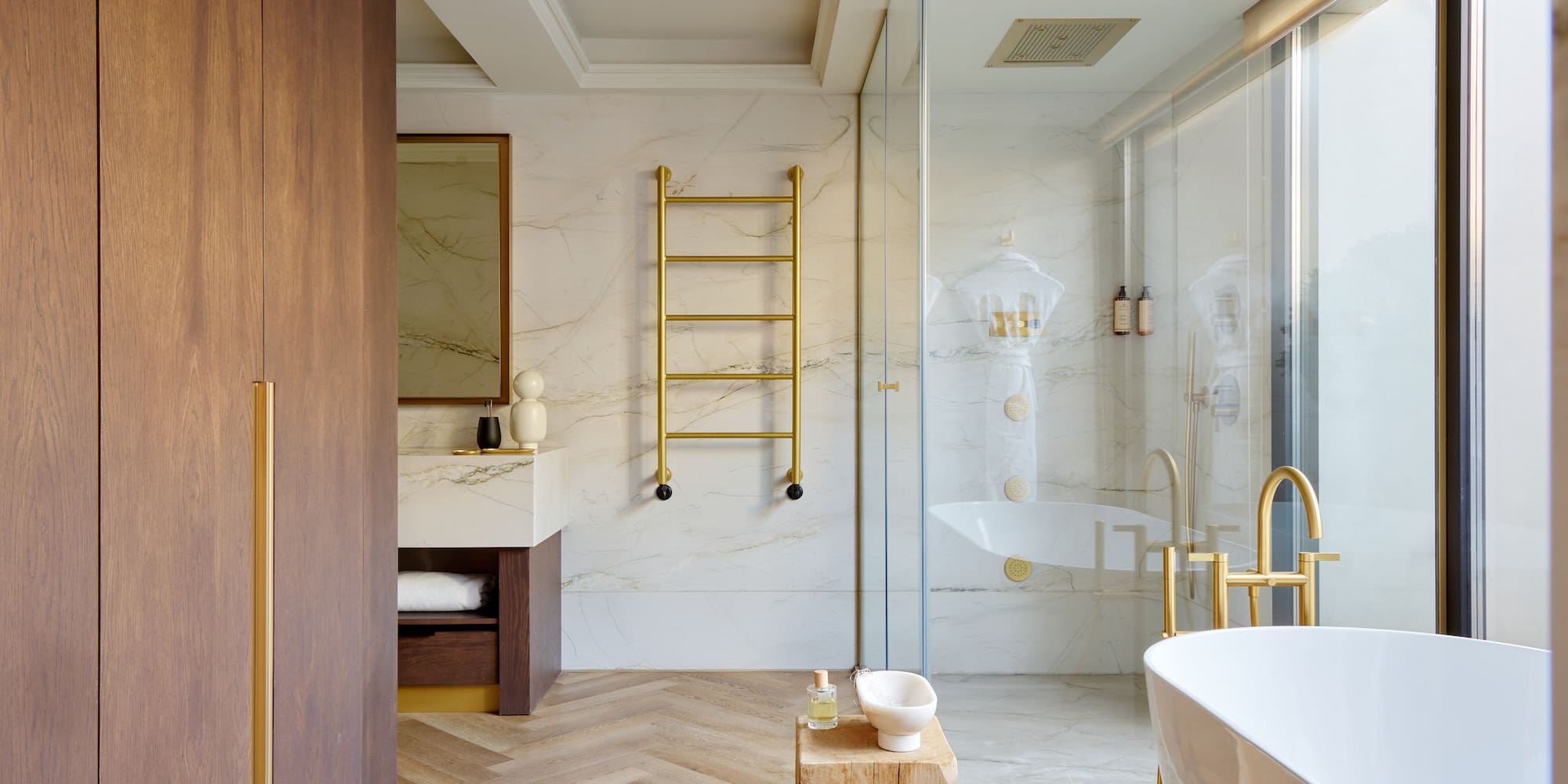 a bathroom with a tub and shower