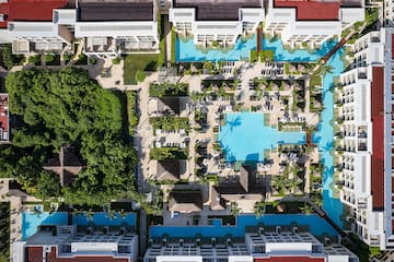 a pool in a hotel