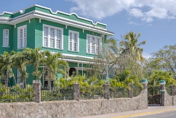 a green house with palm trees and a fence