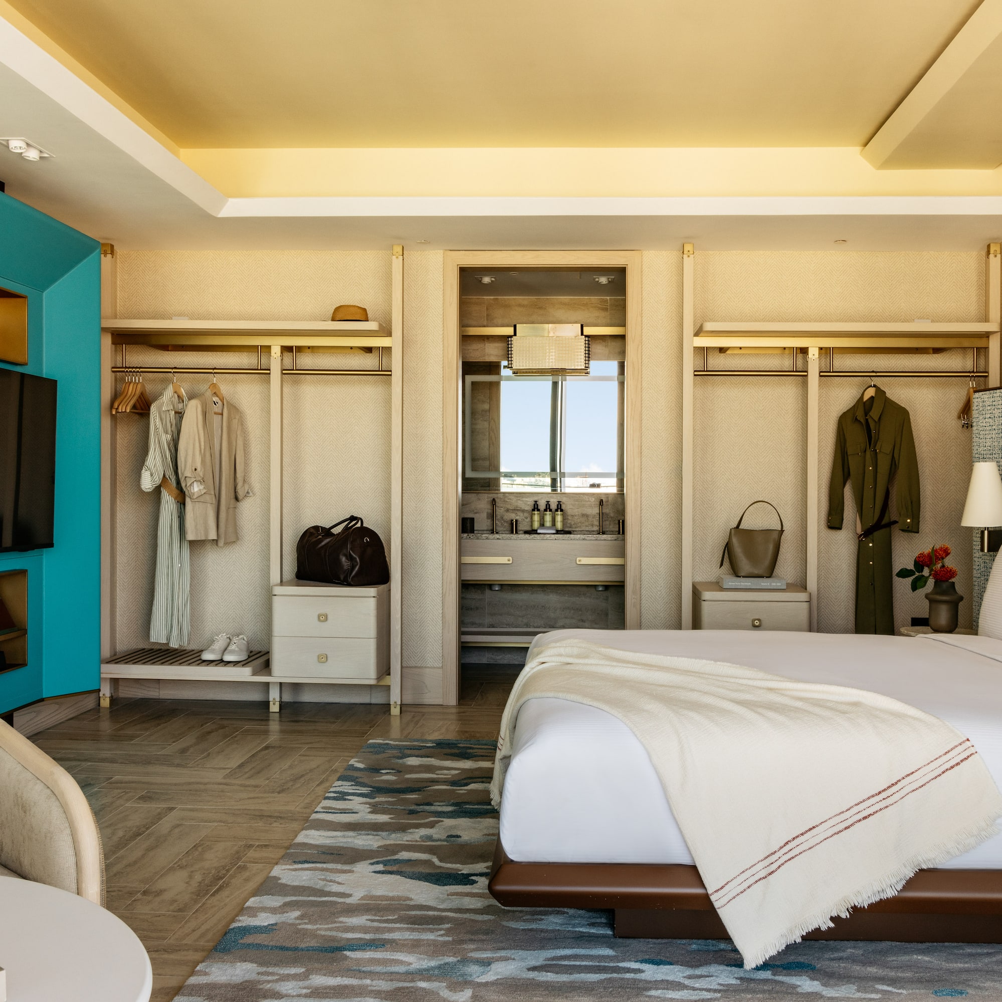 a room with a bed and closets