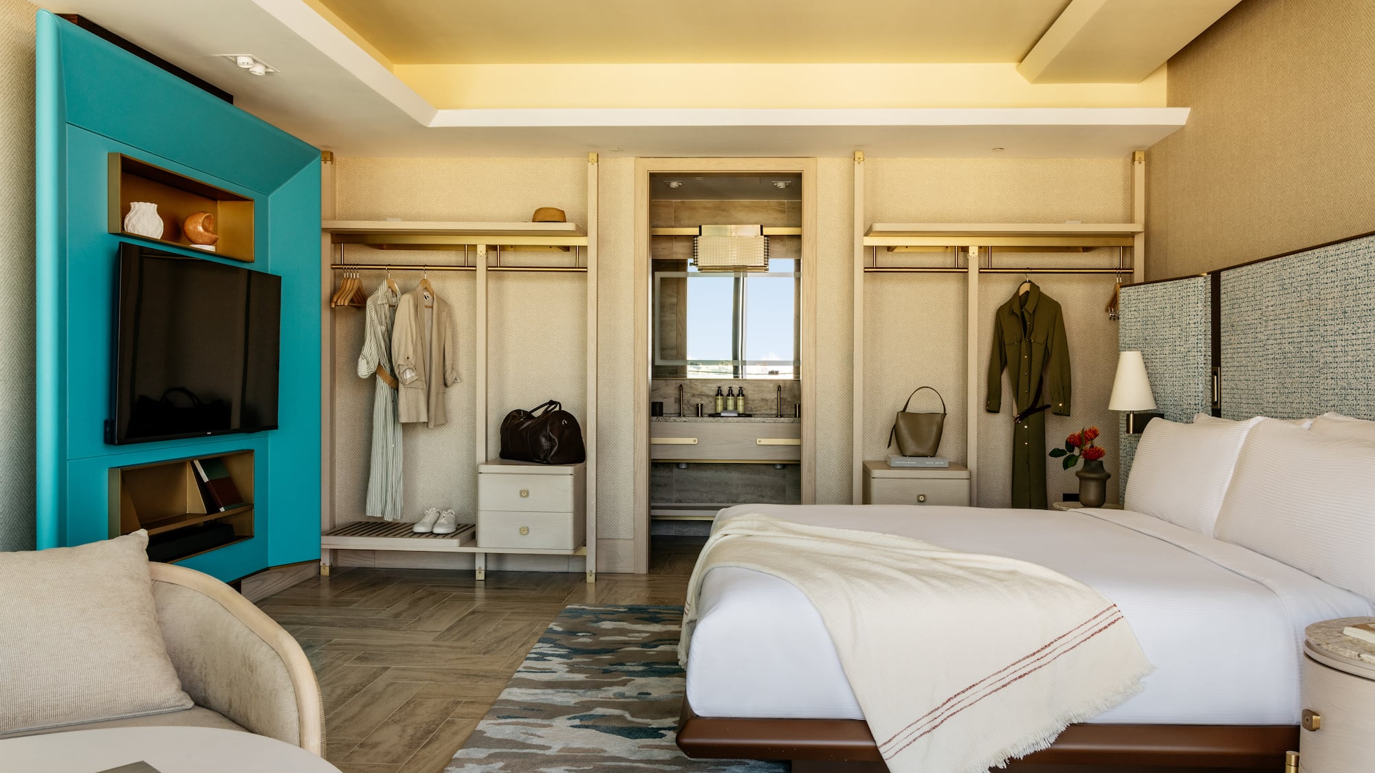 a room with a bed and closets