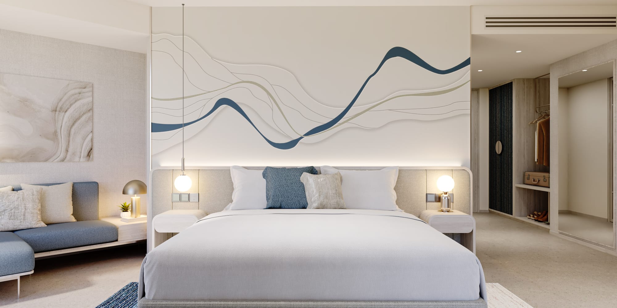 Modern hotel bedroom, king bed, abstract wavy wall art, and blue rug.