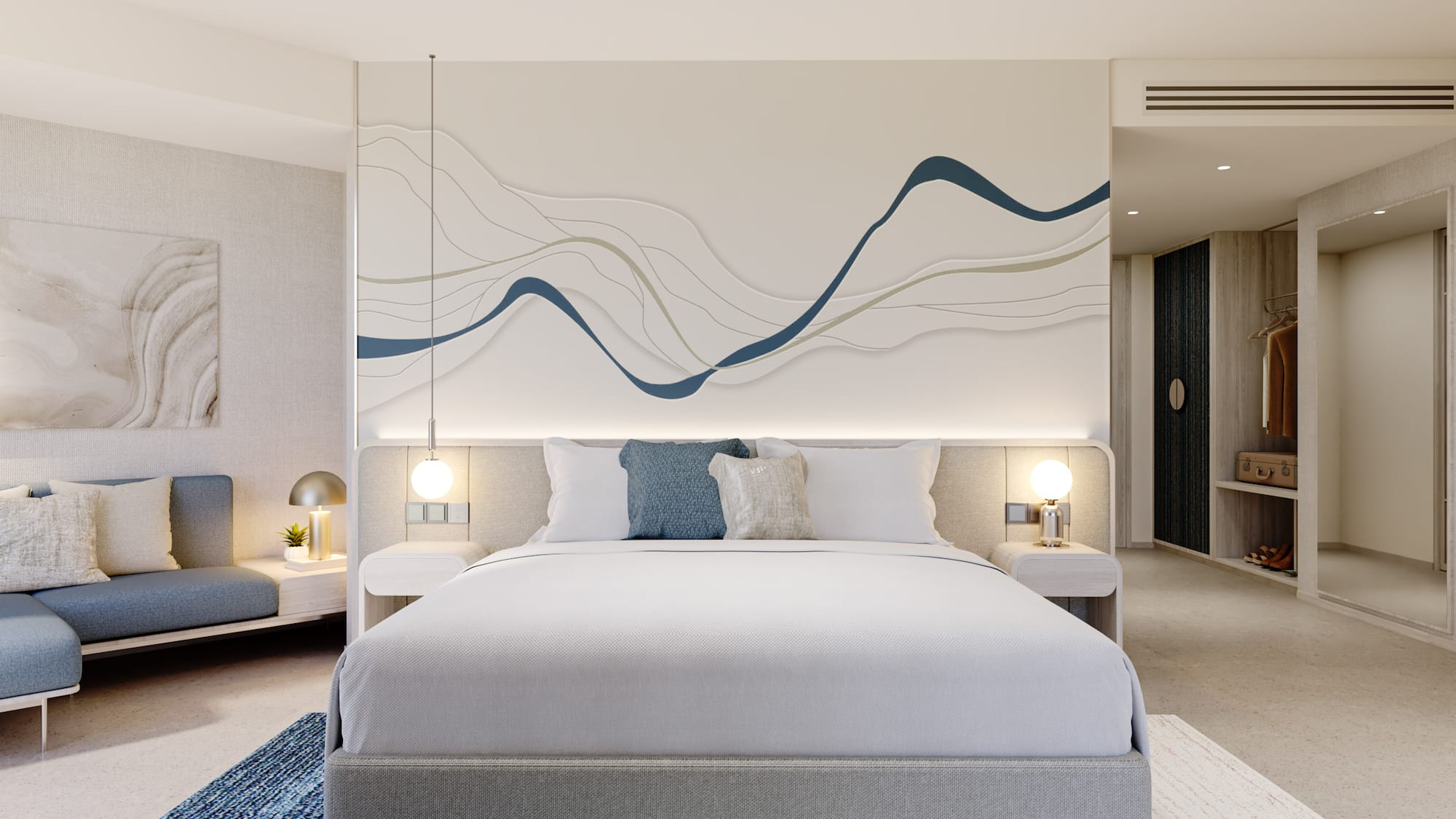 Modern hotel bedroom, king bed, abstract wavy wall art, and blue rug.
