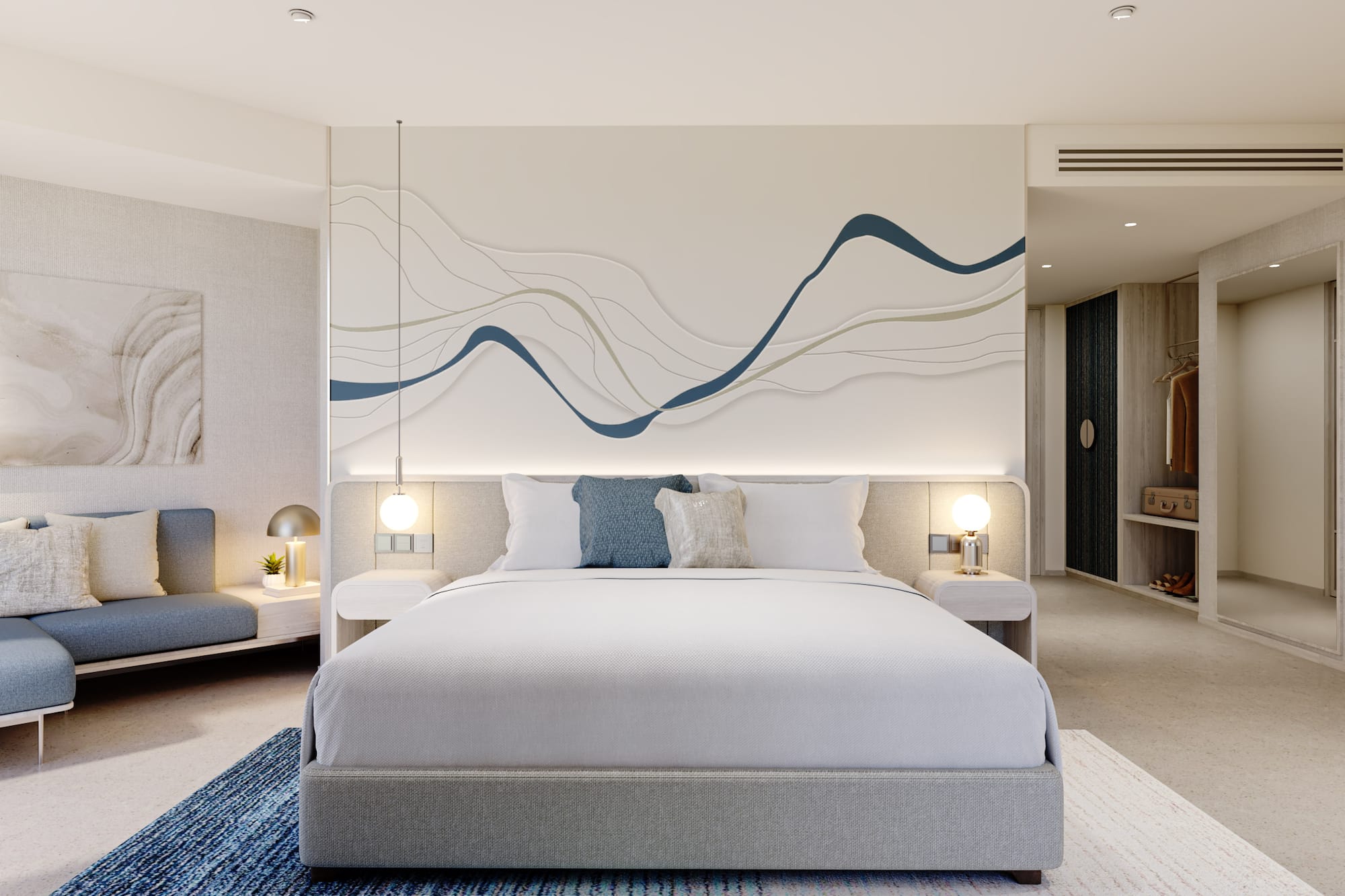 Modern hotel bedroom, king bed, abstract wavy wall art, and blue rug.