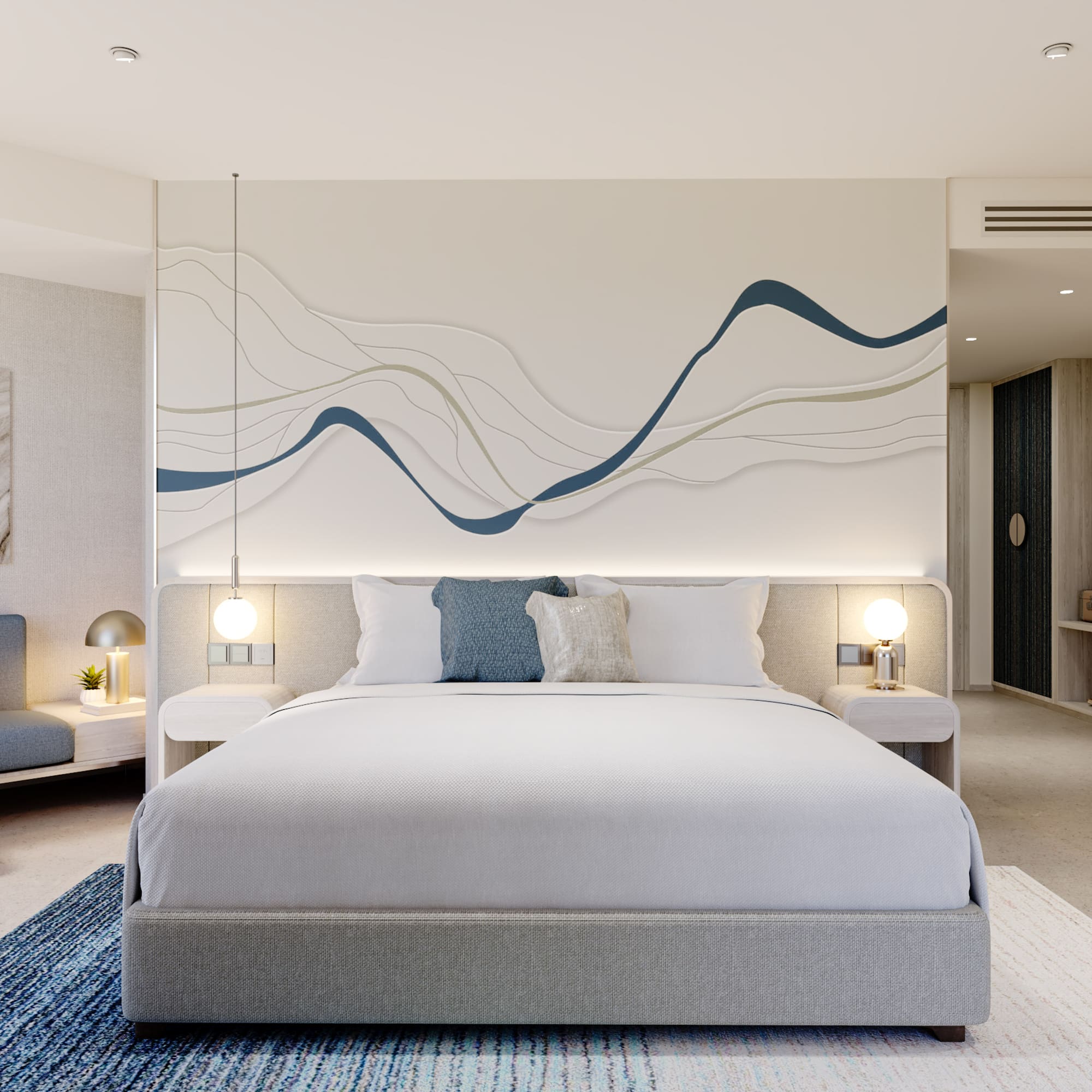Modern hotel bedroom, king bed, abstract wavy wall art, and blue rug.