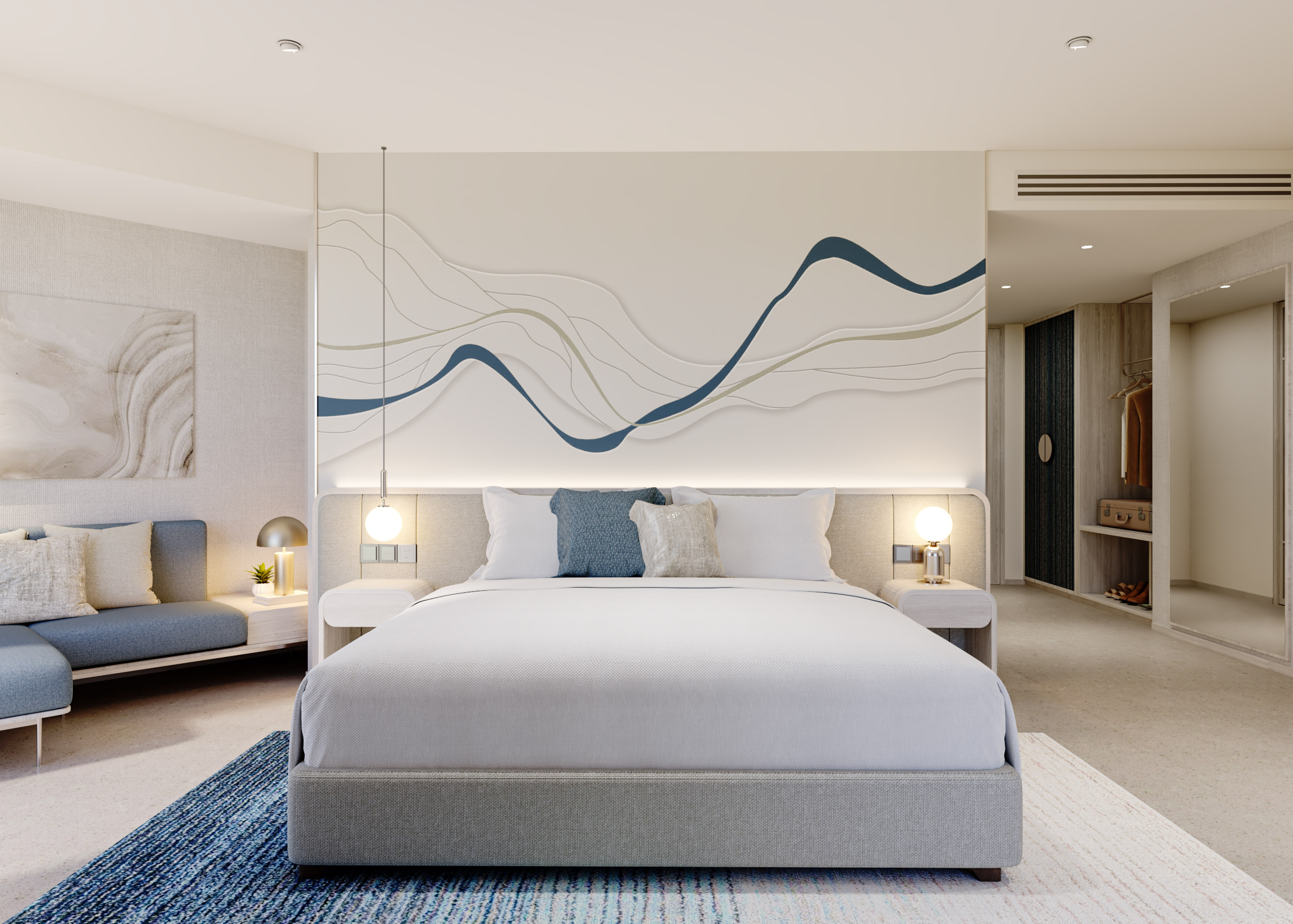 Modern hotel bedroom, king bed, abstract wavy wall art, and blue rug.