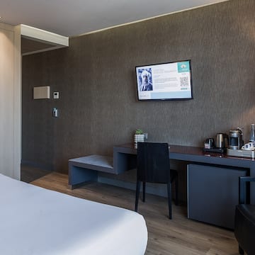 a room with a bed and a desk