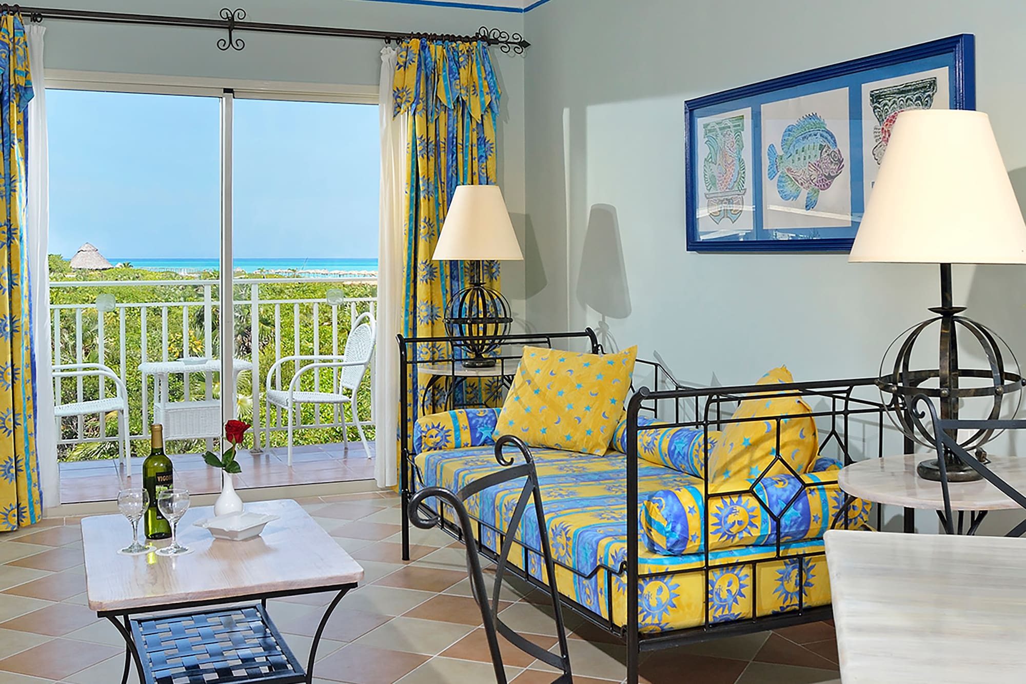 a room with a couch and table