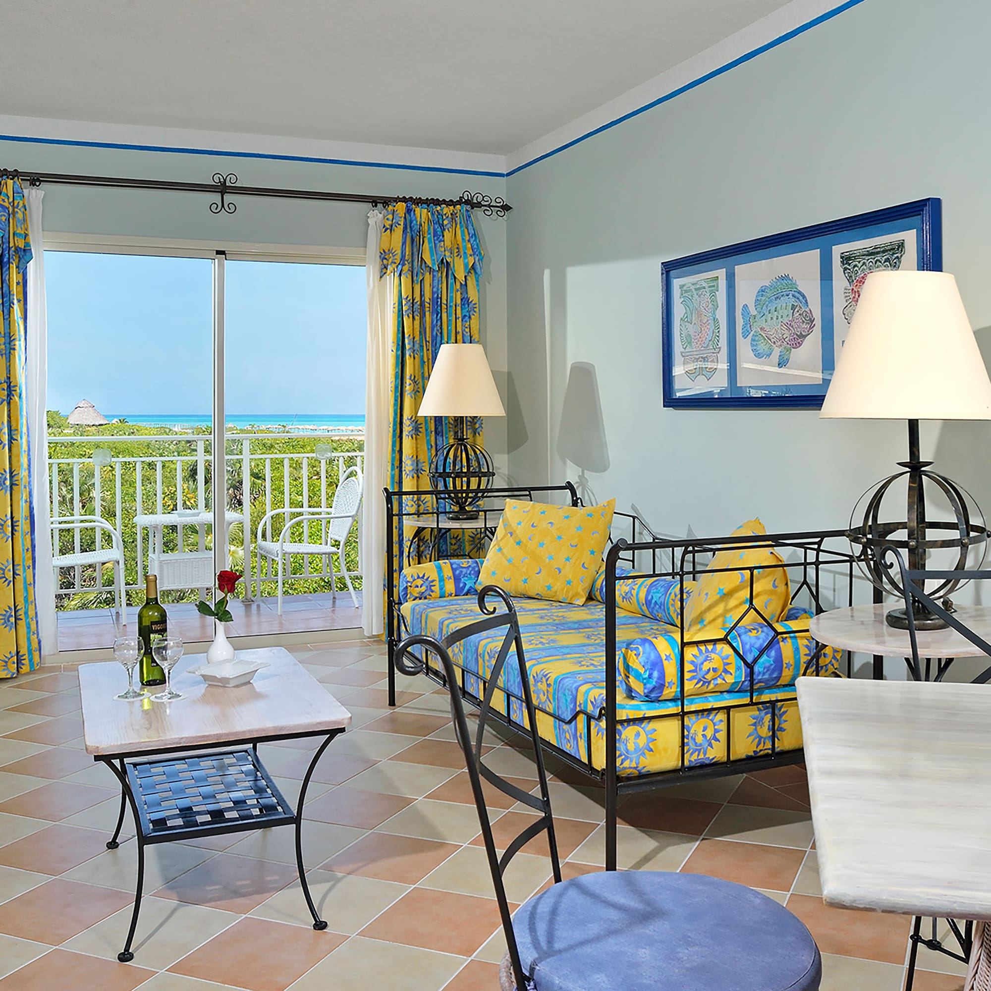 a room with a couch and table