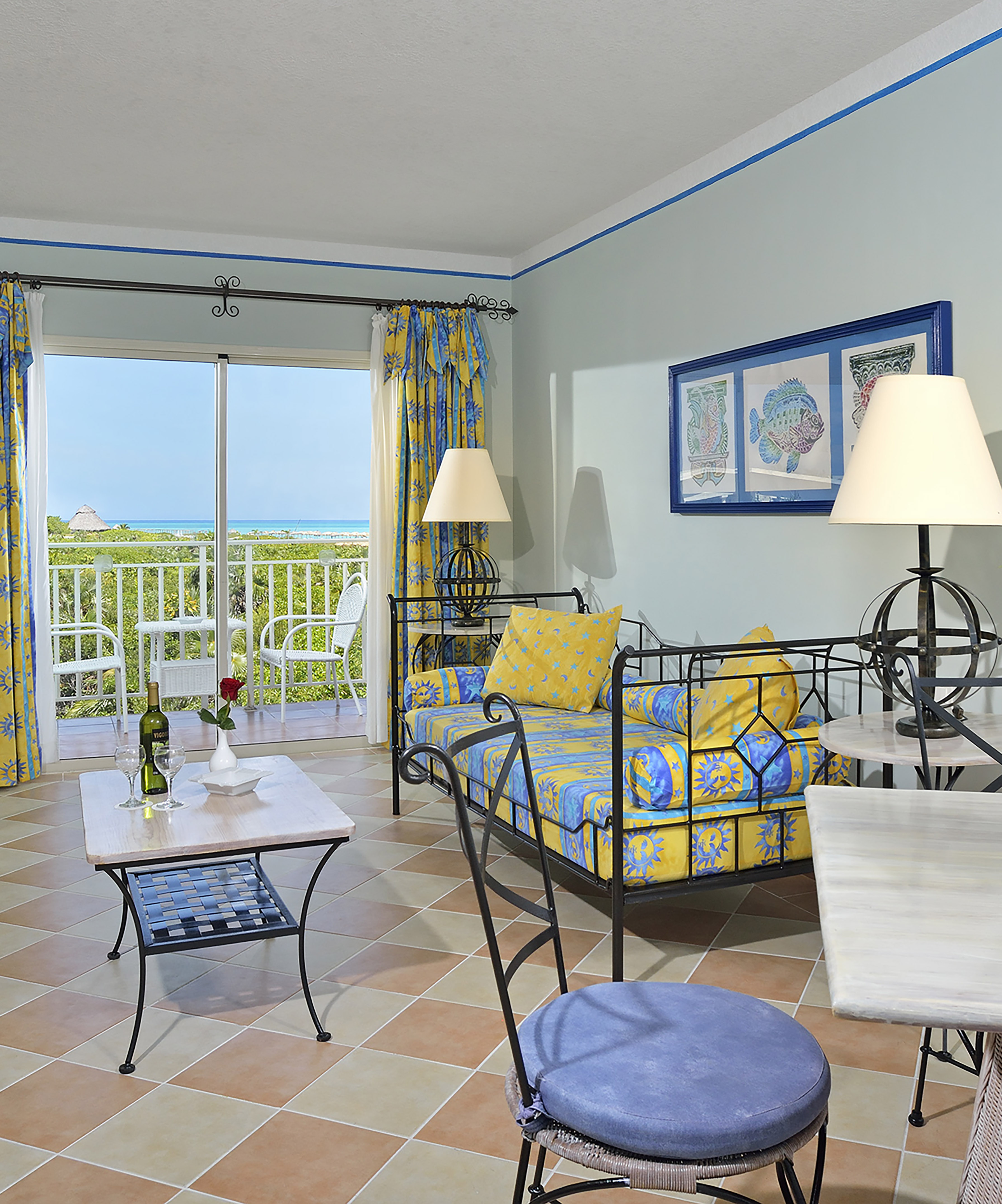 a room with a couch and table