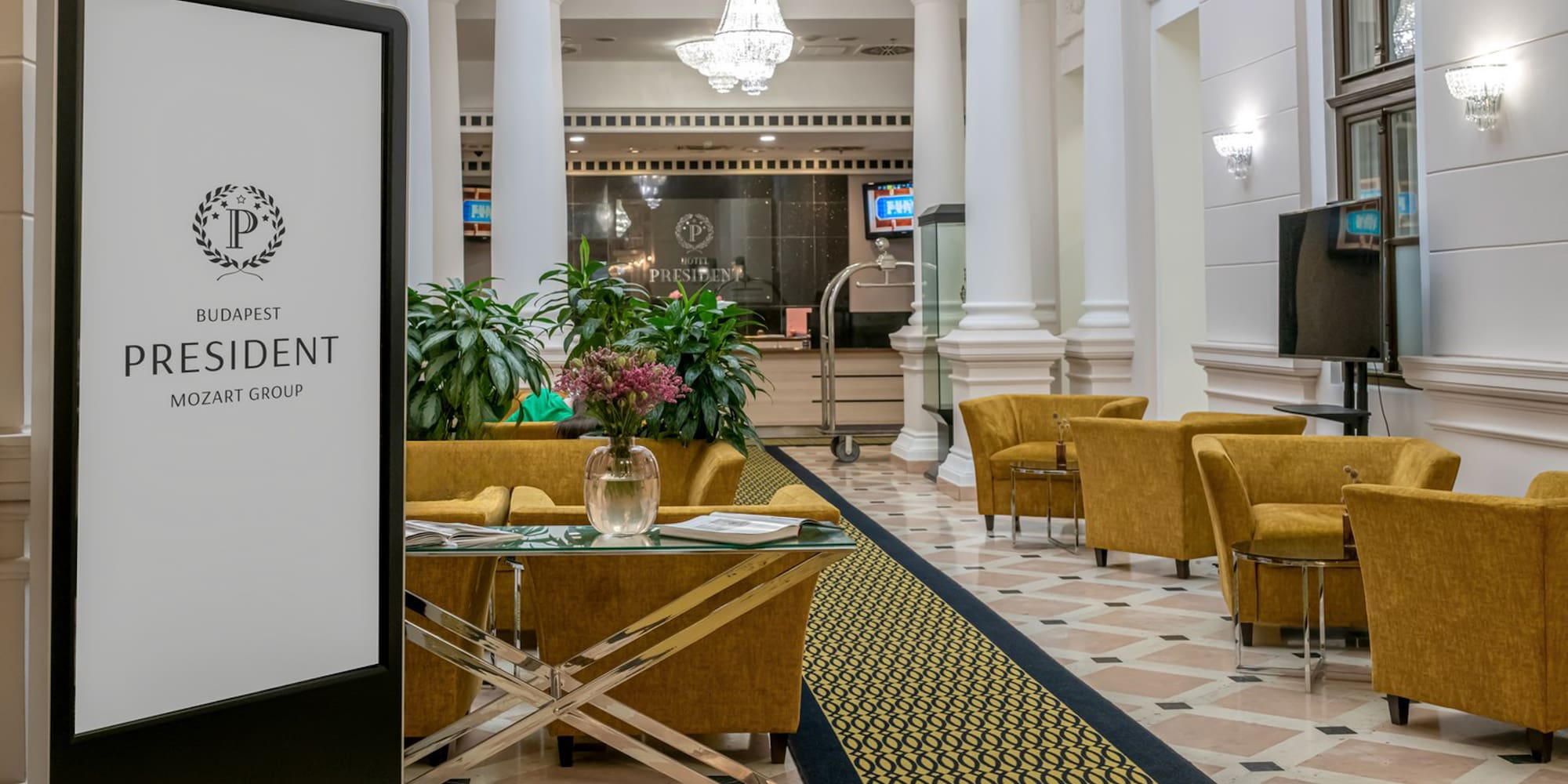 a large screen in a lobby