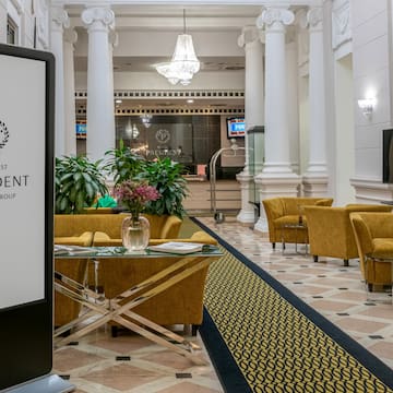 a large screen in a lobby