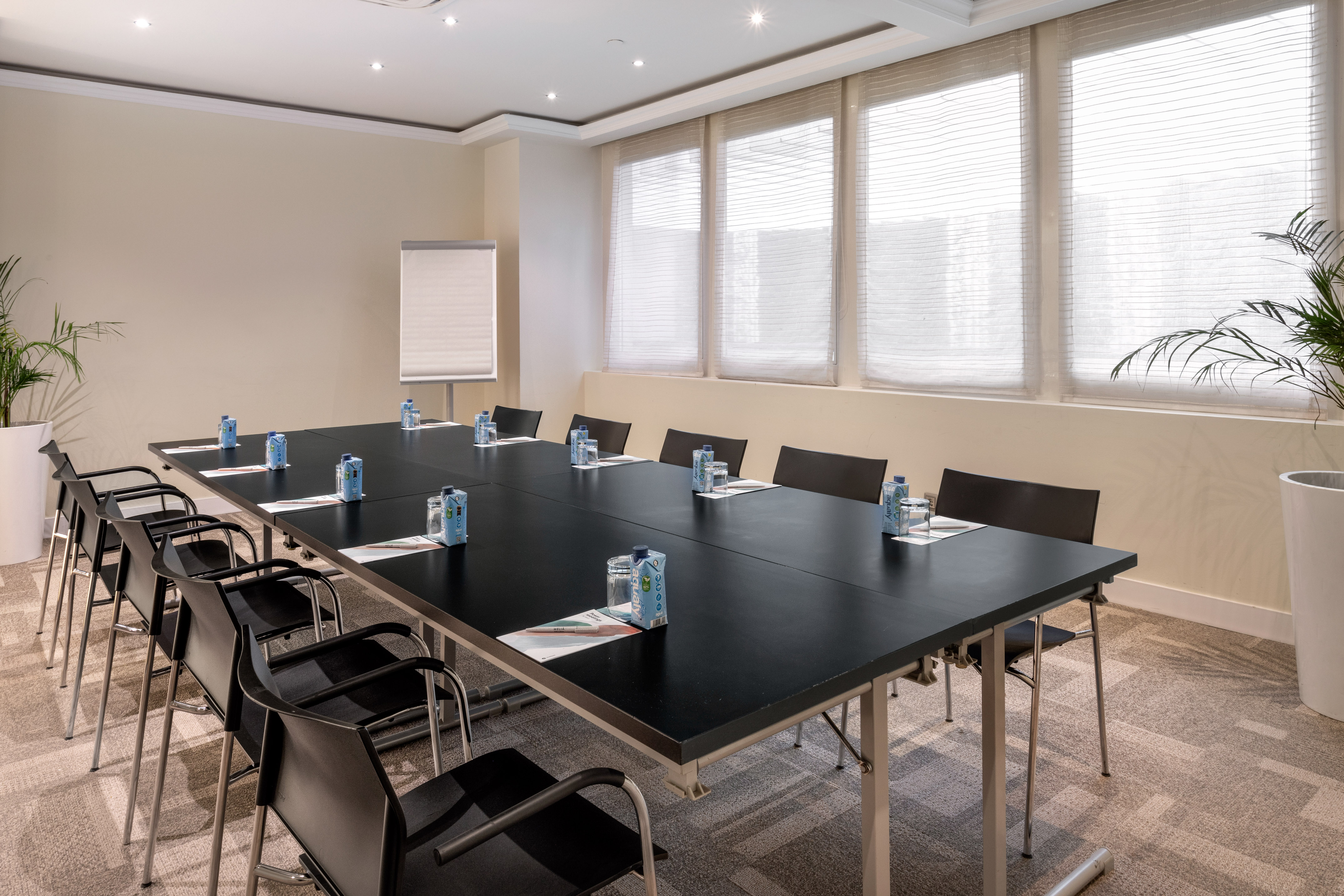 Modern conference room with long black table, chairs, water, and whiteboard.