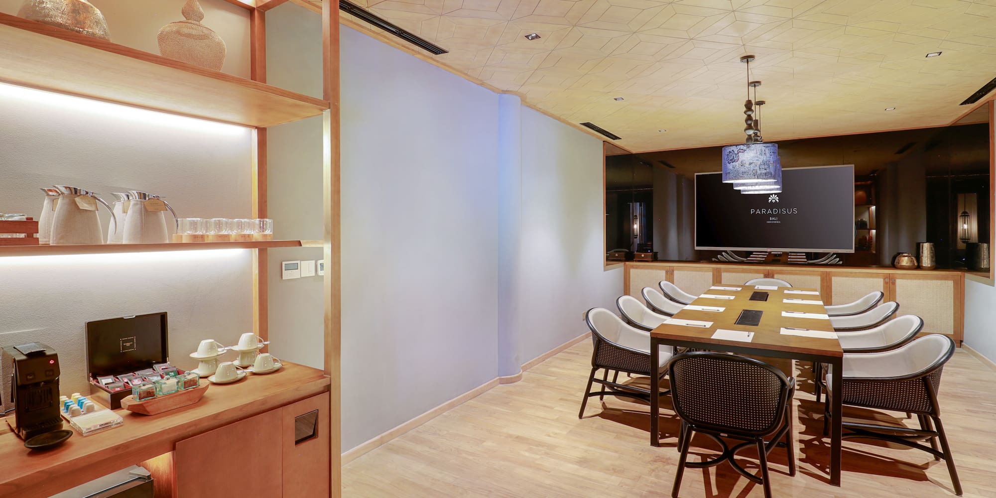 a room with a table and chairs