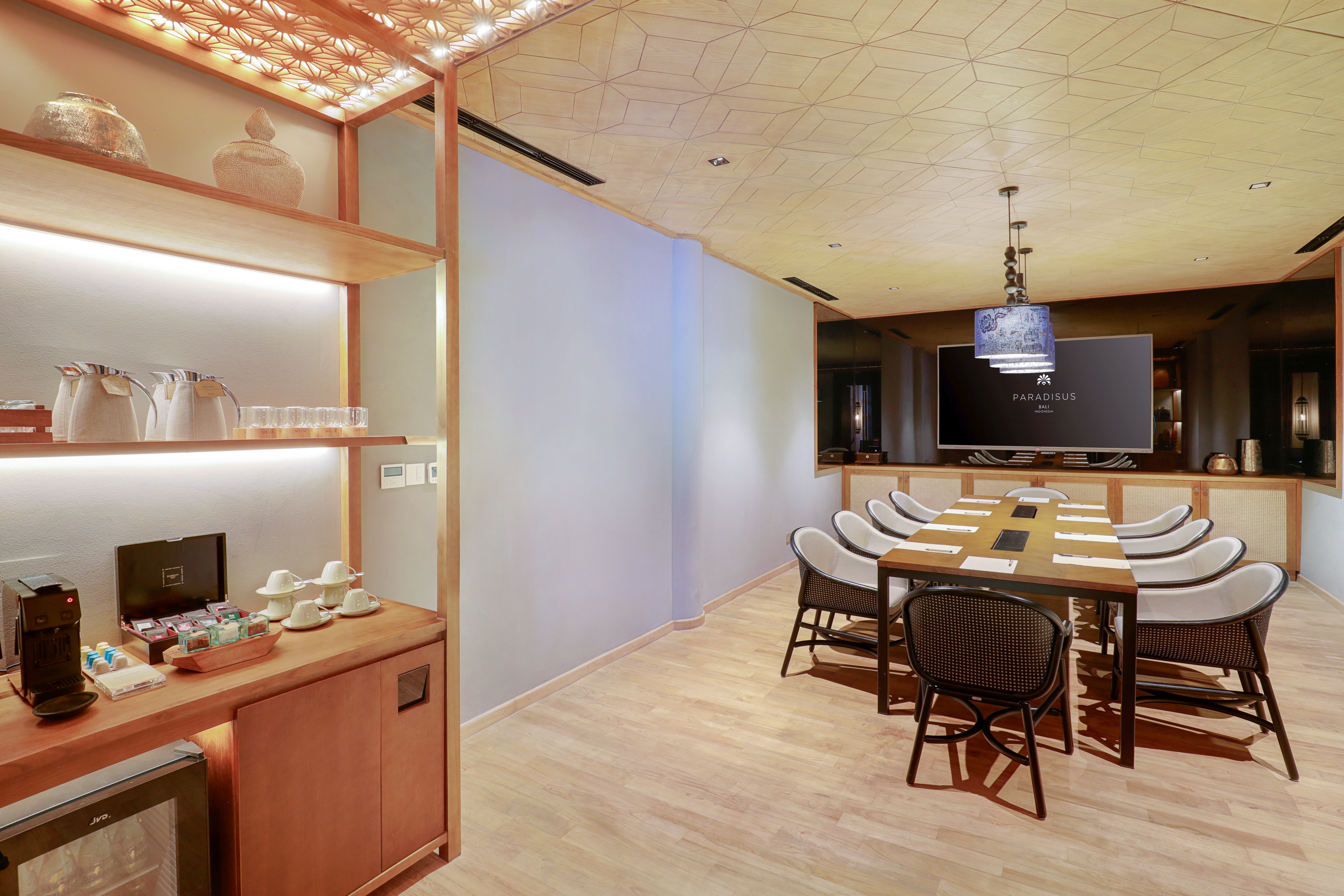 a room with a table and chairs