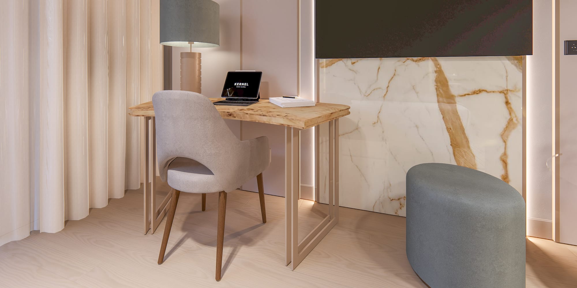 a desk with a laptop and a lamp